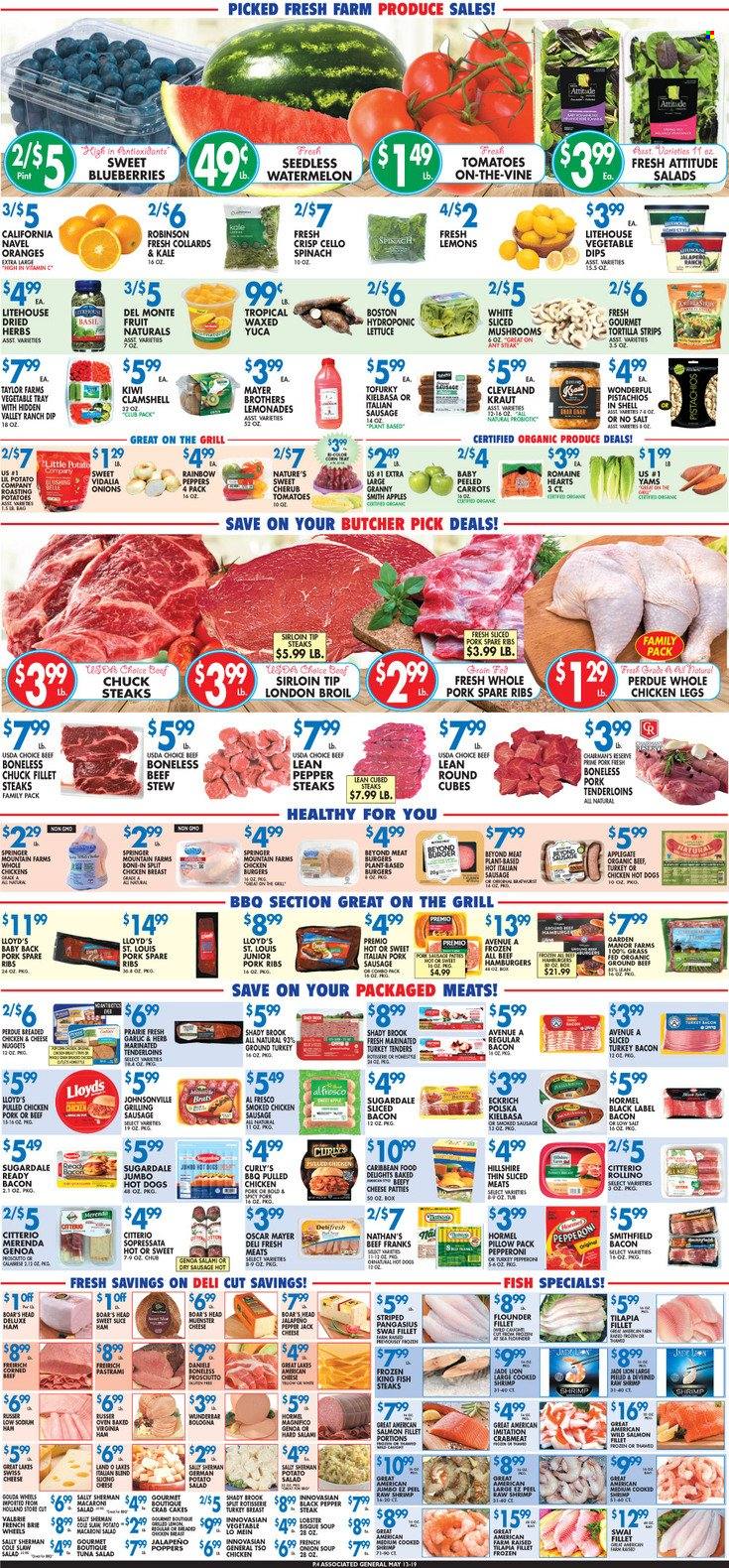thumbnail - Associated Supermarkets Flyer - 05/20/2022 - 05/26/2022 - Sales products - mushrooms, tortillas, carrots, tomatoes, potatoes, peppers, jalapeño, apples, kiwi, watermelon, oranges, Granny Smith, crab meat, flounder, salmon, salmon fillet, tilapia, tuna, pangasius, fish, king fish, shrimps, swai fillet, crab cake, hot dog, onion soup, macaroni, soup, nuggets, hamburger, fried chicken, cheese nuggets, lobster soup, Perdue®, pulled chicken, Hormel, Sugardale, bacon, salami, sliced turkey, turkey bacon, ham, prosciutto, pastrami, bologna sausage, virginia ham, Johnsonville, Oscar Mayer, sausage, pork sausage, pepperoni, chicken sausage, italian sausage, kielbasa, potato salad, tuna salad, corned beef, american cheese, gouda, swiss cheese, Pepper Jack cheese, Münster cheese, dip, esponja, black pepper, pistachios, BROTHERS, ground turkey, turkey breast, whole chicken, chicken legs, beef meat, beef sirloin, ground beef, steak, pork meat, pork ribs, pork tenderloin, pork spare ribs, pork back ribs, vitamin c, lemons, navel oranges. Page 4.