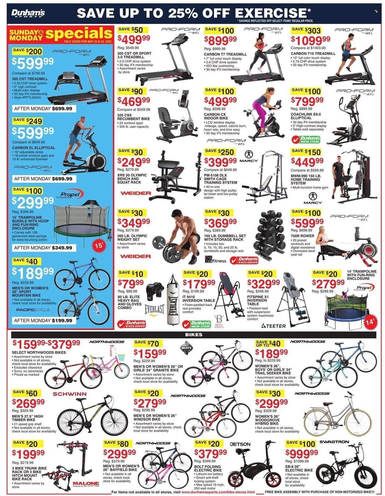 thumbnail - Dunham's Sports Flyer - 05/21/2022 - 05/26/2022 - Sales products - Everlast, treadmill, heavy bag, dumbbell, squat rack, home training system, mountain bike, trampoline. Page 8.