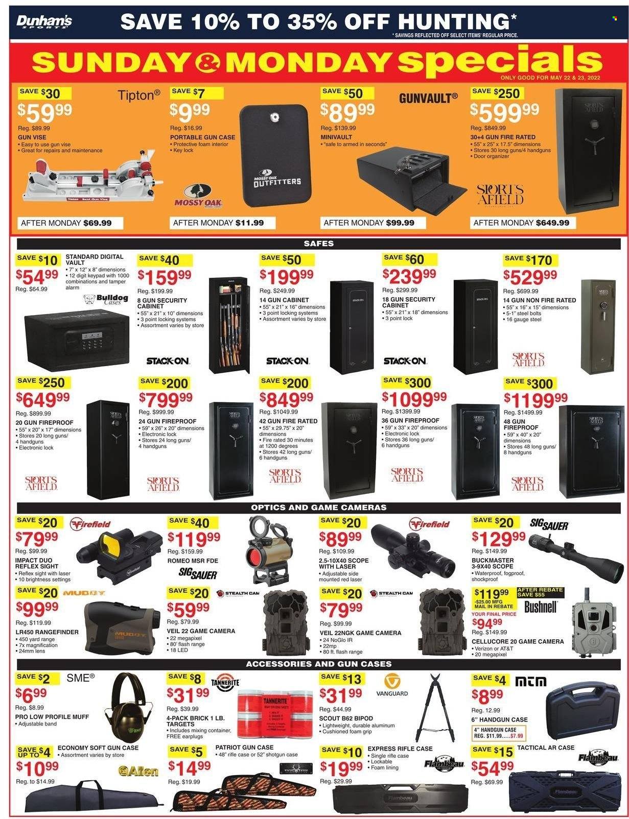 thumbnail - Dunham's Sports Flyer - 05/21/2022 - 05/26/2022 - Sales products - lens, rangefinder, camera, stealth cam, bipod, security cabinet, SIG Sauer, gun case, handgun, gun vise, scope, handgun case. Page 10.