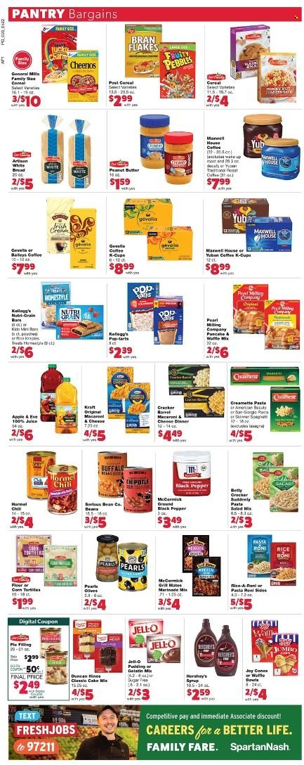 thumbnail - Family Fare Flyer - 05/22/2022 - 05/30/2022 - Sales products - corn tortillas, tortillas, cake mix, salad, macaroni & cheese, pancakes, Kraft®, Hormel, pasta salad, pudding, Hershey's, crackers, Kellogg's, Pop-Tarts, Nutri-Grain bars, pie filling, Jell-O, olives, cereals, Cheerios, bran flakes, Fruity Pebbles, Nutri-Grain, rice, Creamette, Skinner Pasta, marinade, peanut butter, syrup, juice, Maxwell House, coffee, coffee capsules, K-Cups, Gevalia, Baileys. Page 3.