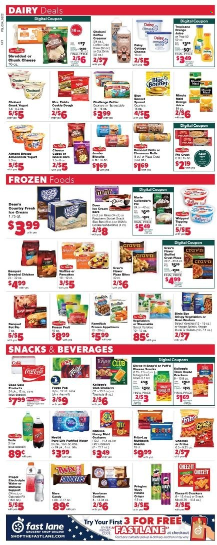 thumbnail - Family Fare Flyer - 05/22/2022 - 05/30/2022 - Sales products - cinnamon roll, crescent rolls, pot pie, waffles, pizza, sandwich, fried chicken, Bird's Eye, Marie Callender's, cottage cheese, chunk cheese, greek yoghurt, yoghurt, Chobani, almond milk, Almond Breeze, butter, creamer, ice cream, cookie dough, cookies, Nestlé, Snickers, Mars, M&M's, crackers, Kellogg's, biscuit, snack bar, RITZ, Fritos, Pringles, Cheetos, Cheez-It, pie crust, topping, Honey Maid, Coca-Cola, orange juice, juice, Gatorade, fruit punch, purified water, Dove, pot. Page 4.