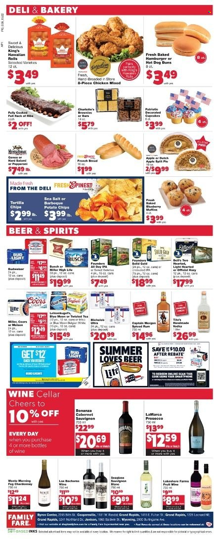 thumbnail - Family Fare Flyer - 05/22/2022 - 05/30/2022 - Sales products - bread, pie, buns, french bread, cupcake, brownies, muffin, salami, tortilla chips, potato chips, chips, tea, Cabernet Sauvignon, red wine, white wine, prosecco, Chardonnay, wine, Captain Morgan, rum, spiced rum, beer, Busch, Bud Light, Miller, IPA, Budweiser, Leinenkugel's, Coors, Blue Moon, Twisted Tea, Michelob. Page 6.