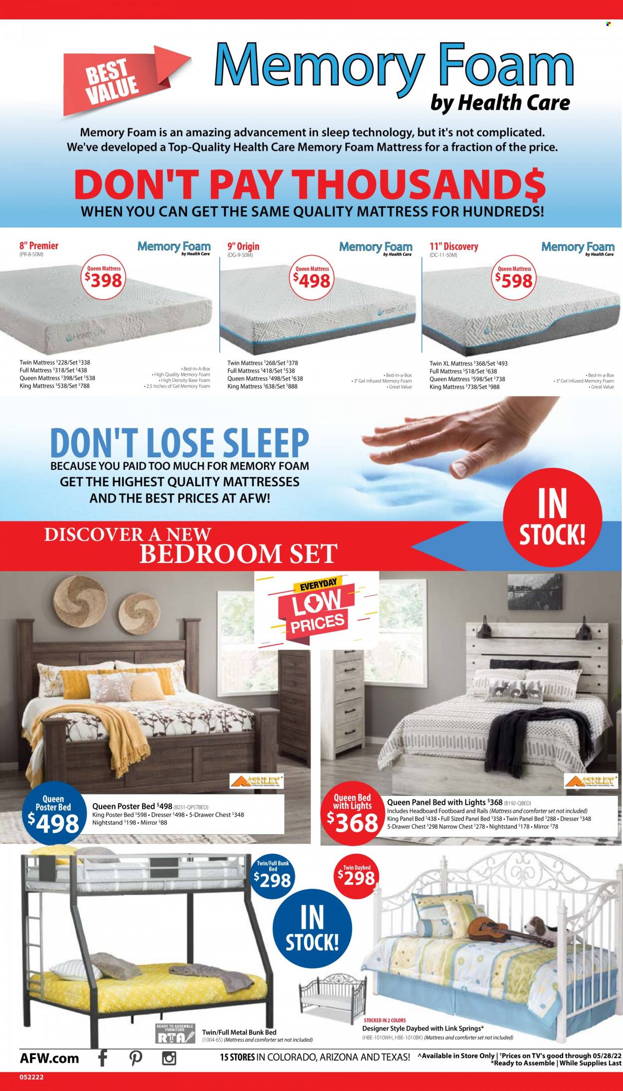 thumbnail - American Furniture Warehouse Flyer - 05/22/2022 - 05/28/2022 - Sales products - bed, daybed, queen bed, headboard, bunk bed, mattress, foam mattress, dresser, nightstand, mirror, comforter. Page 4.