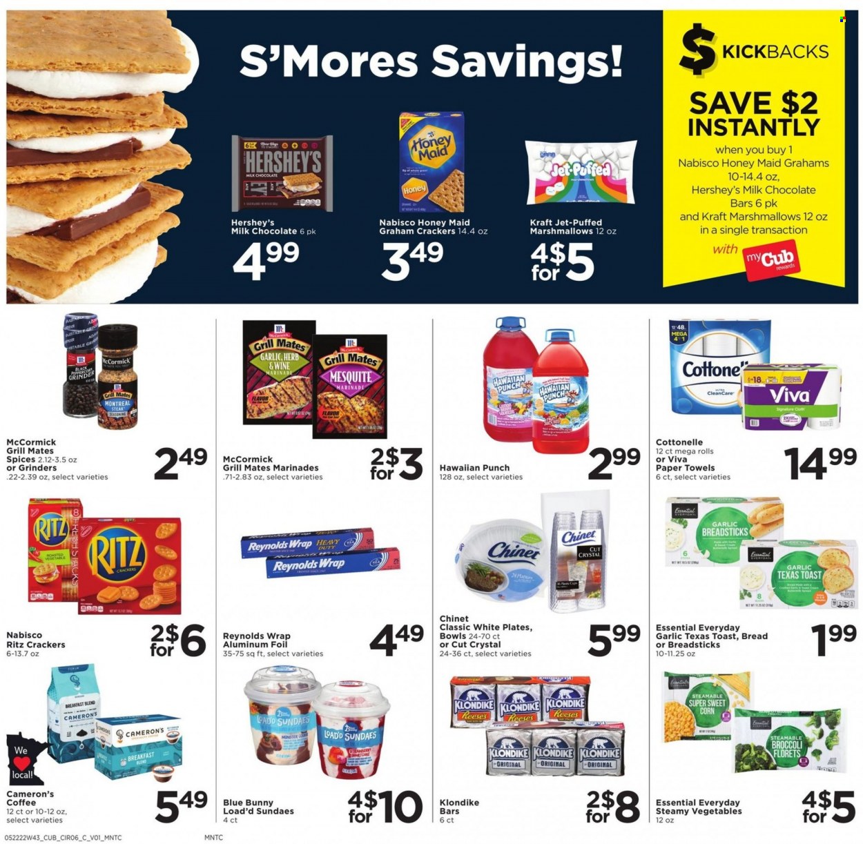 thumbnail - Cub Foods Flyer - 05/22/2022 - 05/28/2022 - Sales products - bread, broccoli, corn, garlic, sweet corn, Kraft®, Reese's, Hershey's, Blue Bunny, graham crackers, marshmallows, milk chocolate, crackers, RITZ, chocolate bar, bread sticks, Honey Maid, spice, herbs, marinade, Monster, coffee, breakfast blend, wine, steak, Cottonelle, kitchen towels, paper towels, Jet. Page 6.