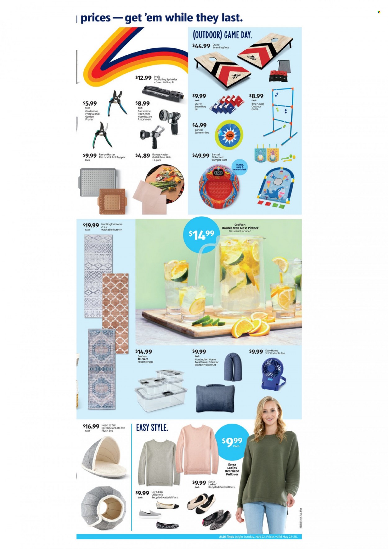 thumbnail - ALDI Flyer - 05/22/2022 - 05/28/2022 - Sales products - cod, Orbit, pitcher, wok, blanket, pillow, pet bed, pullover, boat, toys, grill, grill topper. Page 3.
