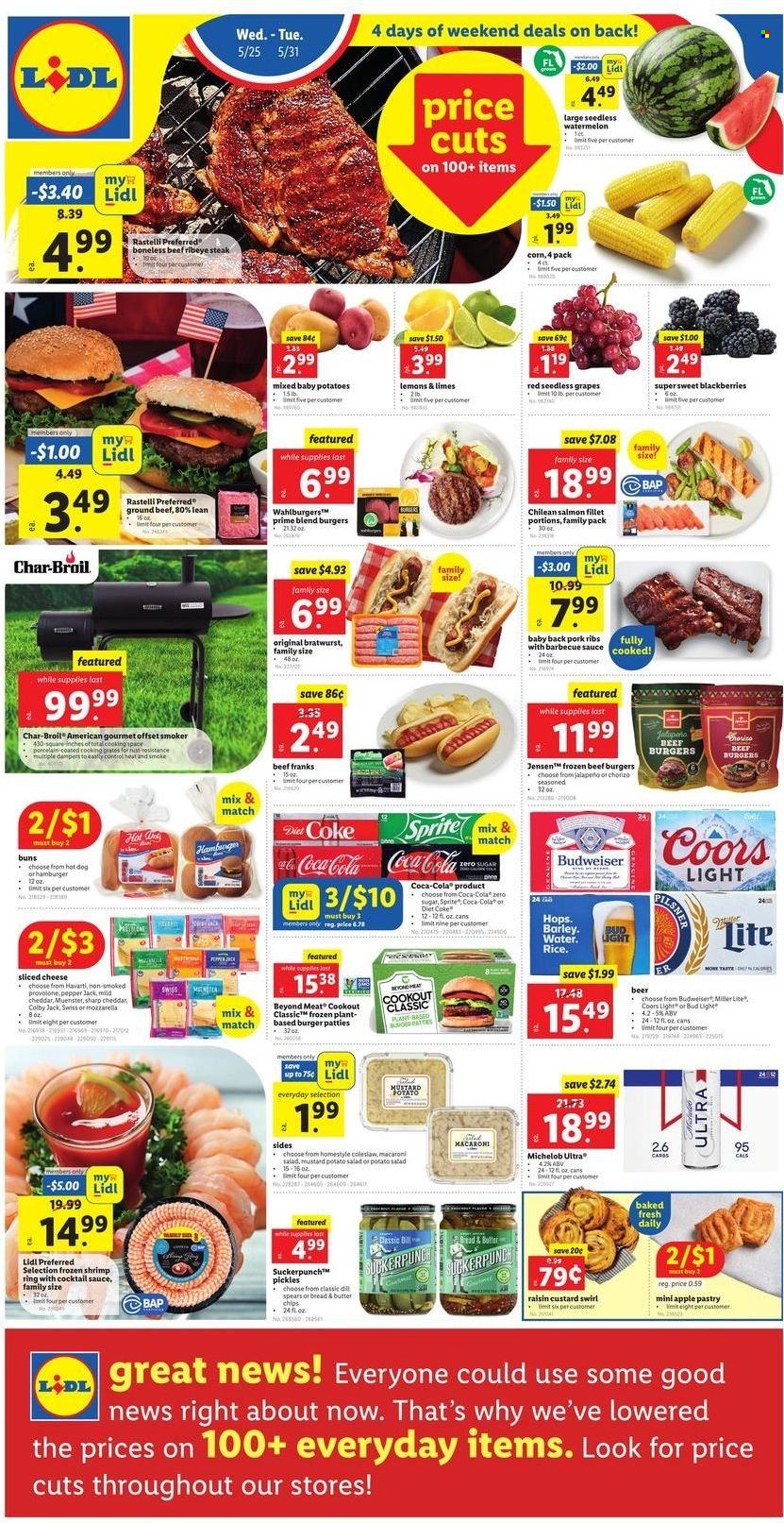 thumbnail - Lidl Flyer - 05/25/2022 - 05/31/2022 - Sales products - buns, corn, potatoes, jalapeño, blackberries, grapes, limes, seedless grapes, watermelon, salmon, salmon fillet, shrimps, coleslaw, hot dog, hamburger, beef burger, chorizo, bratwurst, potato salad, macaroni salad, Colby cheese, mild cheddar, mozzarella, sliced cheese, Havarti, Pepper Jack cheese, cheese, Münster cheese, Provolone, custard, butter, pickles, dill, BBQ sauce, cocktail sauce, mustard, Coca-Cola, Sprite, Diet Coke, Coca-Cola zero, beer, Bud Light, beef meat, beef steak, ground beef, steak, ribeye steak, burger patties, pork meat, pork ribs, pork back ribs, lid, Apple, Budweiser, Miller Lite, smoker, Coors, Michelob, lemons. Page 1.