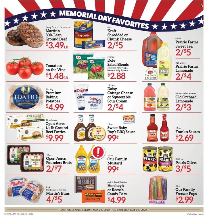 thumbnail - Martin’s Flyer - 05/22/2022 - 05/28/2022 - Sales products - buns, russet potatoes, spinach, potatoes, salad, Dole, hot dog, hamburger, Kraft®, cottage cheese, cheddar, cheese, chunk cheese, sour cream, Reese's, Hershey's, olives, BBQ sauce, mustard, lemonade, tea, beef meat, ground beef. Page 2.
