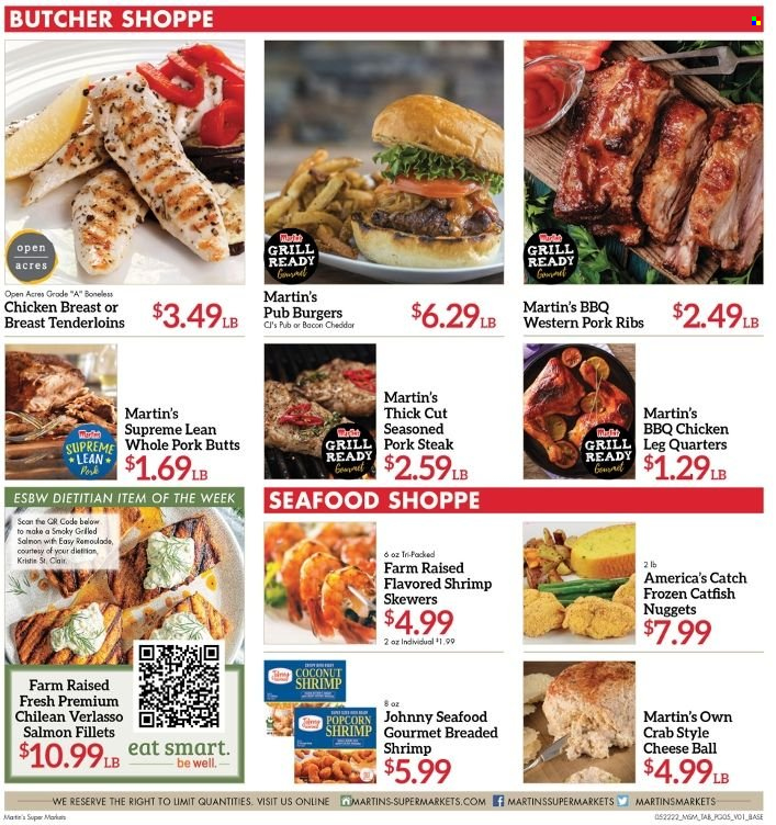 thumbnail - Martin’s Flyer - 05/22/2022 - 05/28/2022 - Sales products - catfish, salmon, salmon fillet, seafood, crab, shrimps, catfish nuggets, hamburger, bacon, cheddar, cheese, popcorn, steak, pork chops, pork meat, pork ribs. Page 5.