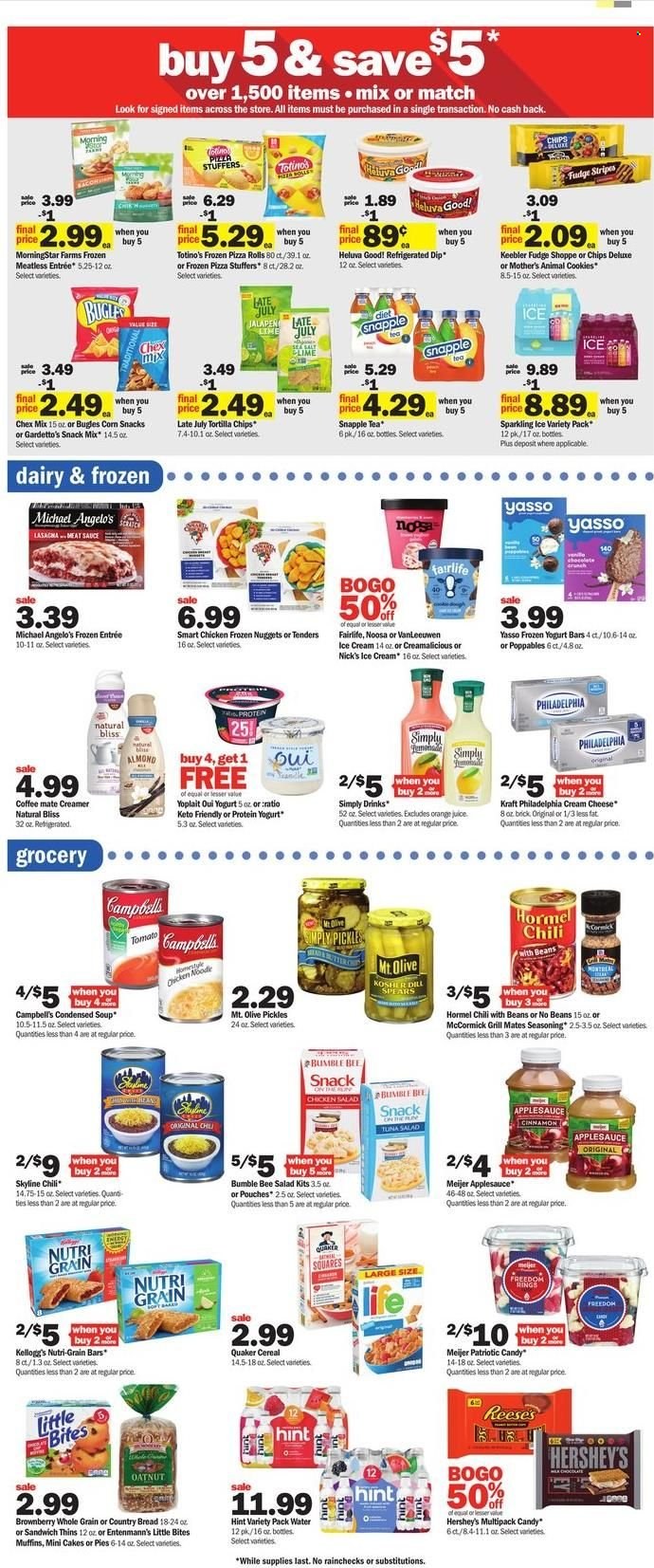 thumbnail - Meijer Flyer - 05/22/2022 - 05/28/2022 - Sales products - bread, cake, pizza rolls, muffin, Entenmann's, salad, tuna, Campbell's, pizza, sandwich, condensed soup, soup, nuggets, Bumble Bee, sauce, Quaker, instant soup, MorningStar Farms, Kraft®, Hormel, tuna salad, chicken salad, cream cheese, Philadelphia, Yoplait, Coffee-Mate, creamer, dip, ice cream, Reese's, Hershey's, Nick's Ice Cream, cookies, fudge, snack, Kellogg's, Nutri-Grain bars, Little Bites, Keebler, tortilla chips, Thins, Chex Mix, pickles, cereals, Nutri-Grain, dill, spice, cinnamon, apple sauce, orange juice, juice, Snapple, tea, grill. Page 5.