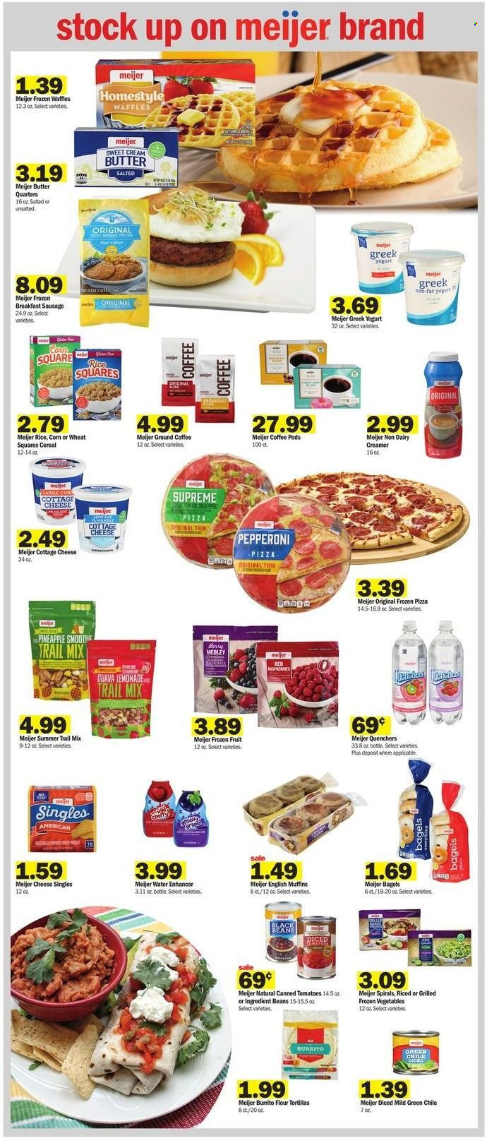 thumbnail - Meijer Flyer - 05/22/2022 - 05/28/2022 - Sales products - bagels, english muffins, tortillas, flour tortillas, waffles, corn, guava, pineapple, pizza, burrito, sausage, pepperoni, cottage cheese, curd, greek yoghurt, yoghurt, butter, non dairy creamer, creamer, frozen vegetables, black beans, cereals, trail mix, lemonade, smoothie, coffee pods, ground coffee, BOSE. Page 8.