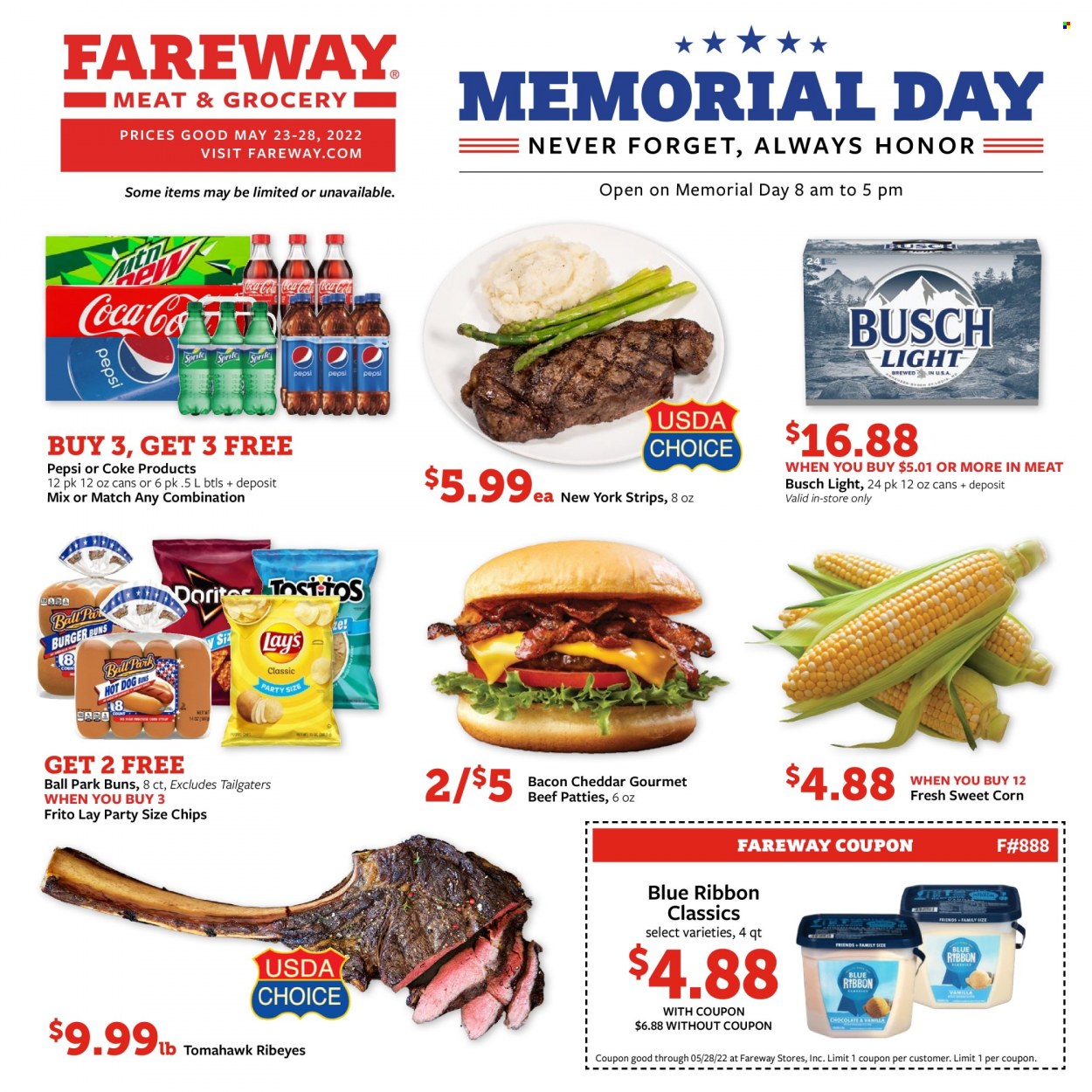 thumbnail - Fareway Flyer - 05/23/2022 - 05/28/2022 - Sales products - Blue Ribbon, buns, corn, sweet corn, bacon, cheese, strips, chips, Coca-Cola, Pepsi, beer, Busch, tomahawk steak. Page 1.