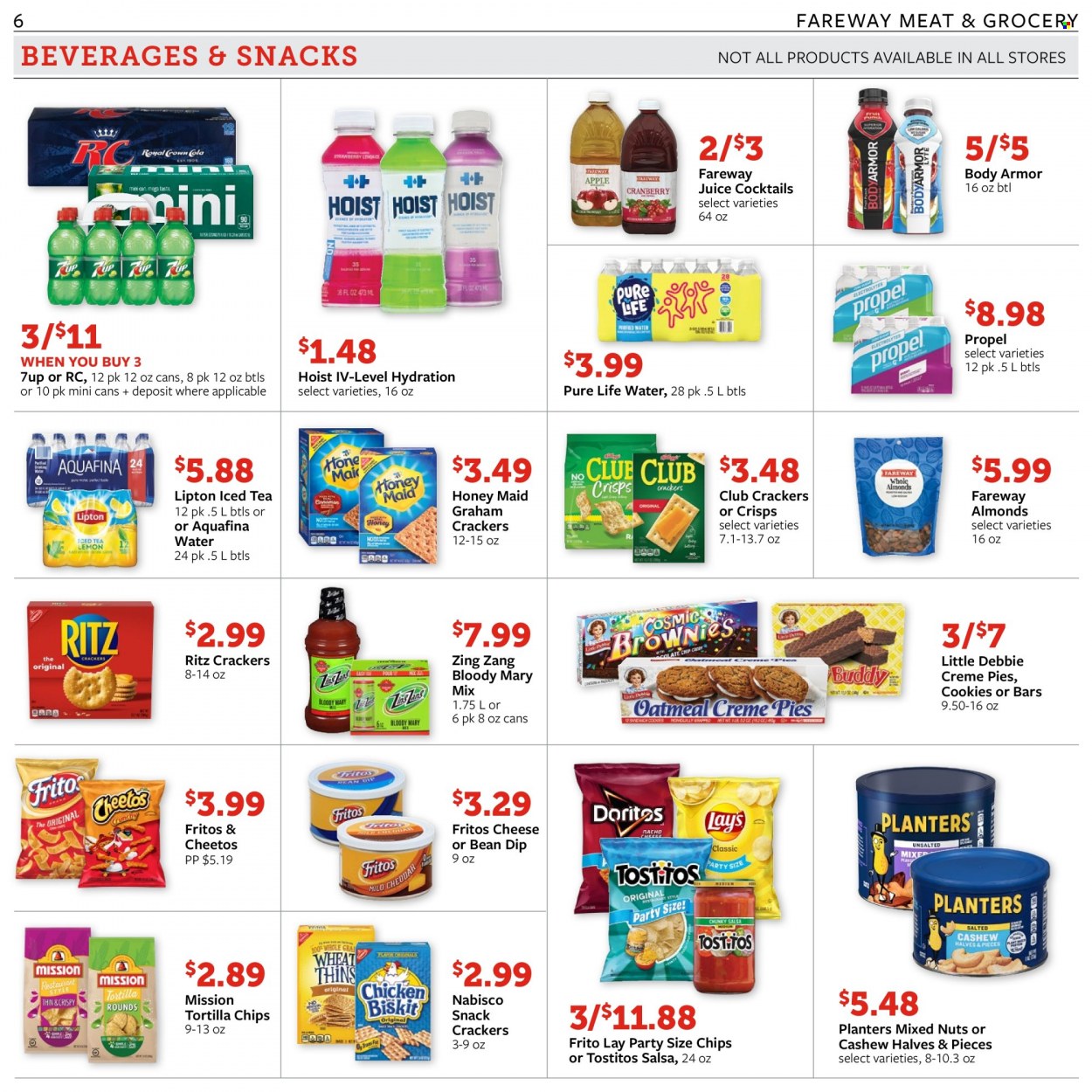 thumbnail - Fareway Flyer - 05/23/2022 - 05/28/2022 - Sales products - dip, cookies, graham crackers, snack, crackers, RITZ, Fritos, tortilla chips, Cheetos, chips, Tostitos, Honey Maid, salsa, almonds, mixed nuts, Planters, juice, Body Armor, Lipton, ice tea, 7UP, Aquafina, Pure Life Water. Page 6.