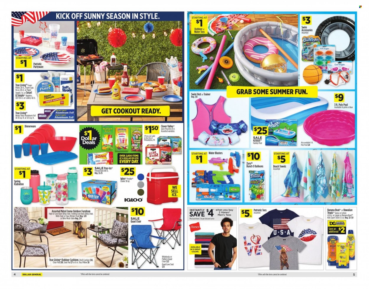 thumbnail - Dollar General Flyer - 05/22/2022 - 05/28/2022 - Sales products - table, chair, outdoor furniture, cushion, metal frame, Clover, juice, napkins, kitchen towels, paper towels, body lotion, dinnerware set, plate, cup, aluminium foil, balloons, foam plates, foam cup, chair pad, pillow, beach towel, freezer, t-shirt, vest, boat, toys, Zuru, pool. Page 5.