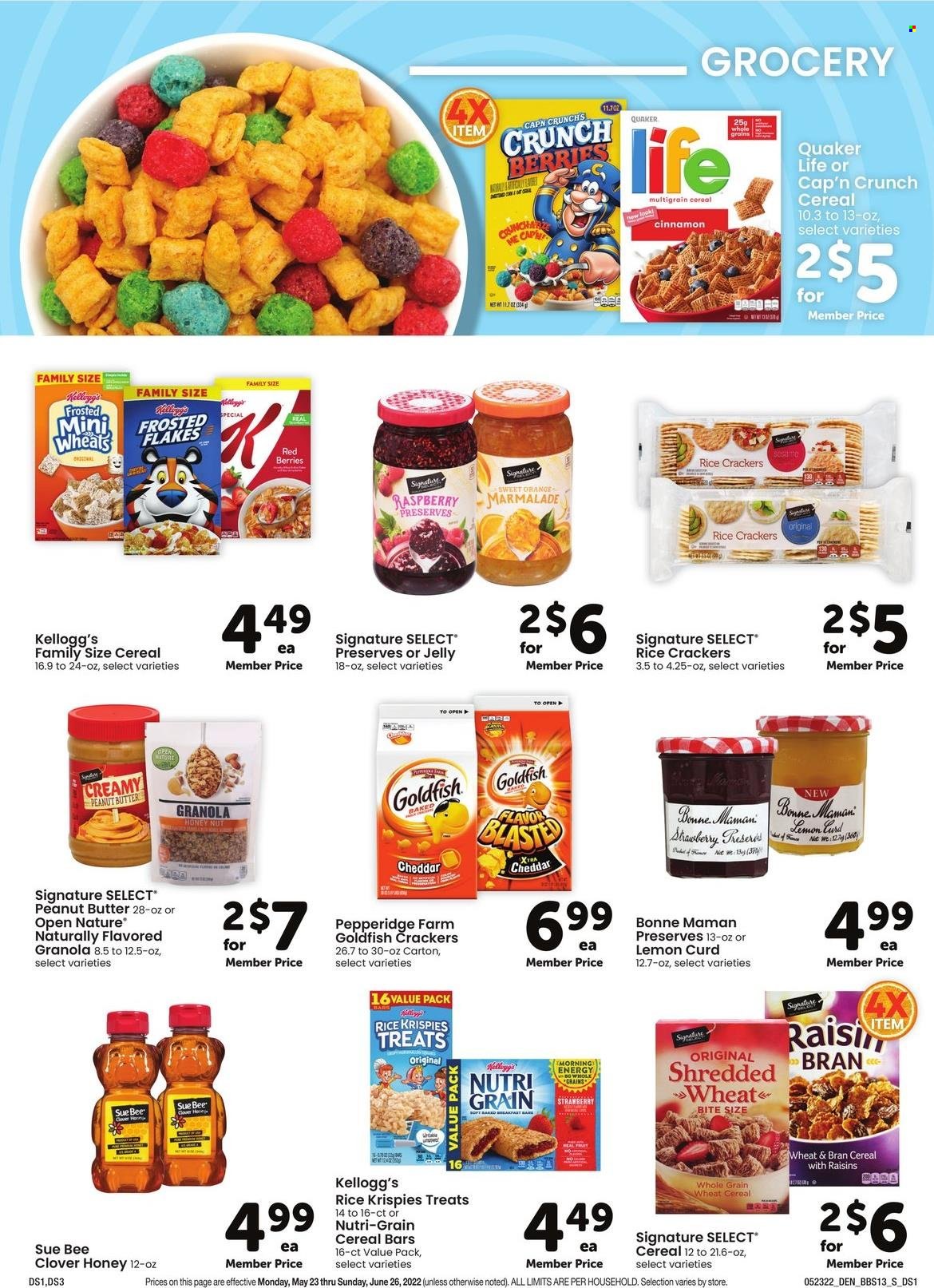 thumbnail - Safeway Flyer - 05/23/2022 - 06/26/2022 - Sales products - oranges, Quaker, cheese, curd, jelly, cereal bar, crackers, Kellogg's, rice crackers, Goldfish, cereals, granola, Rice Krispies, Cap'n Crunch, Nutri-Grain, cinnamon, peanut butter, lemon curd, raisins, dried fruit. Page 13.