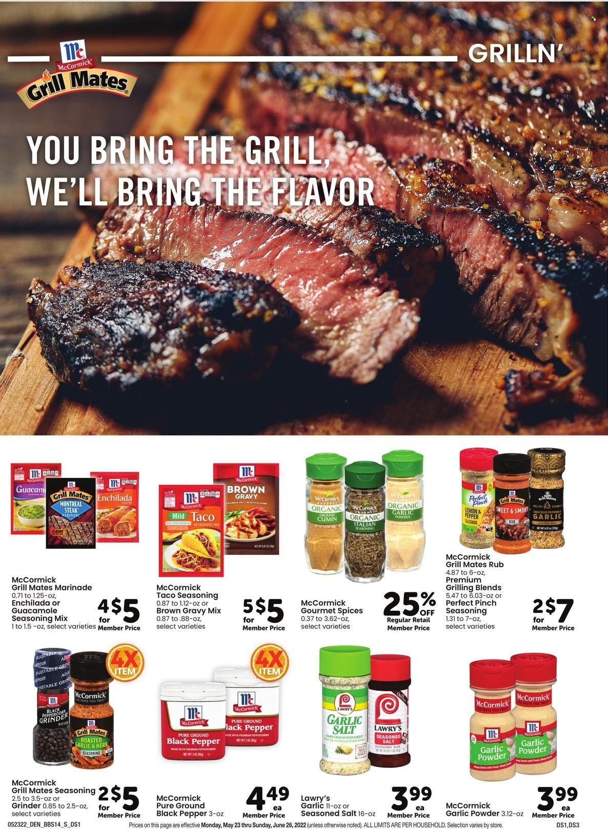 thumbnail - Safeway Flyer - 05/23/2022 - 06/26/2022 - Sales products - peppers, steak, enchiladas, guacamole, gravy mix, spice, cumin, garlic powder, marinade, grill. Page 14.