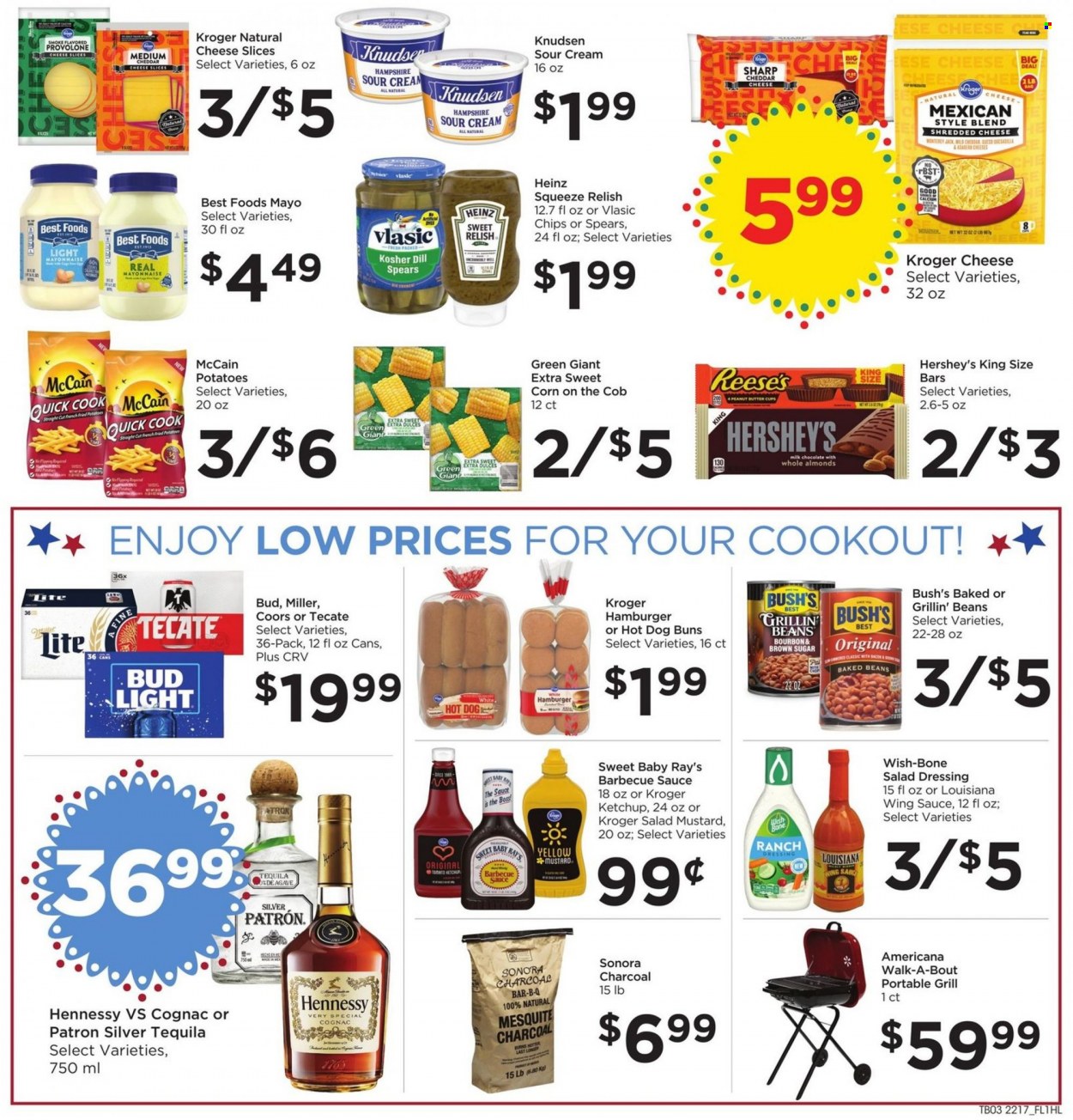 thumbnail - Food 4 Less Flyer - 05/25/2022 - 05/31/2022 - Sales products - buns, beans, corn, potatoes, sweet corn, hamburger, Monterey Jack cheese, shredded cheese, sliced cheese, Provolone, sour cream, mayonnaise, ranch dressing, Reese's, Hershey's, McCain, milk chocolate, chocolate, peanut butter cups, chips, cane sugar, Heinz, baked beans, dill, BBQ sauce, mustard, salad dressing, ketchup, dressing, wing sauce, almonds, bourbon, cognac, tequila, Hennessy, beer, Bud Light, Miller, grill, Coors. Page 4.