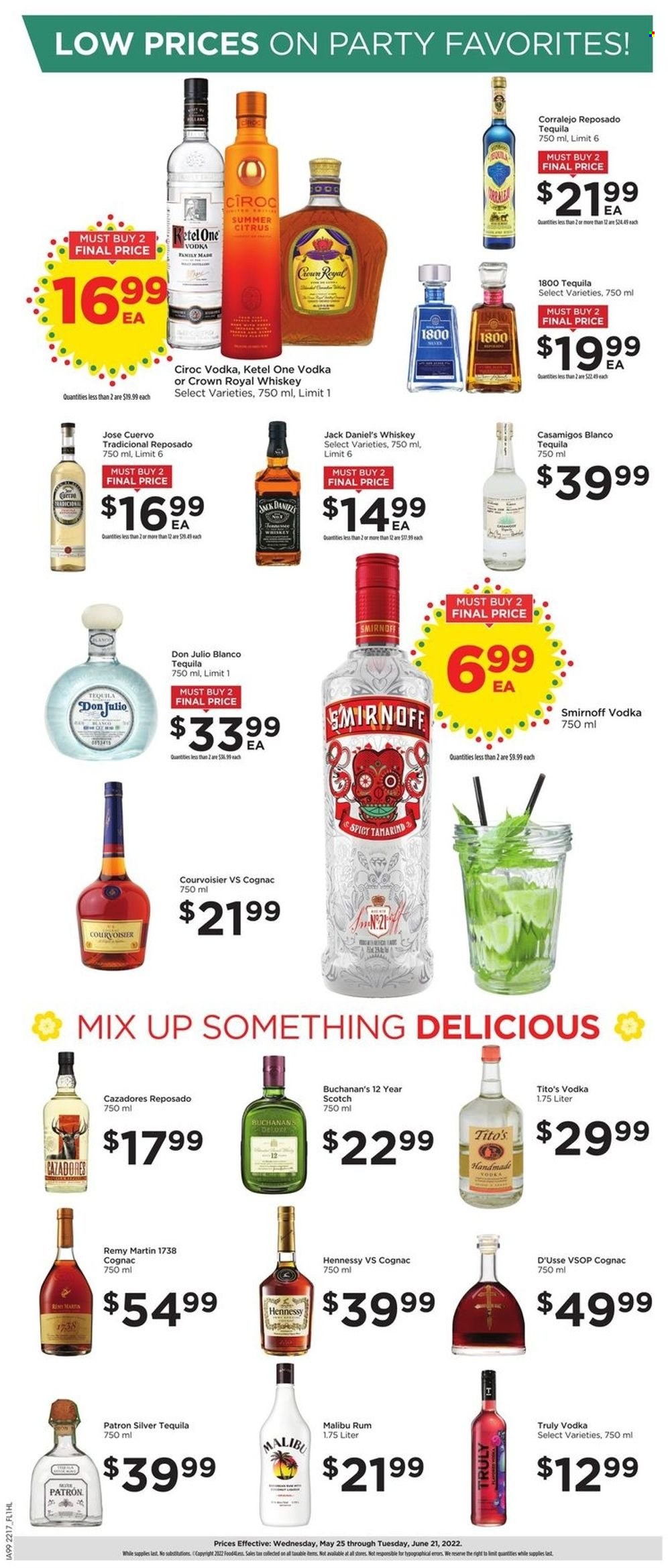 thumbnail - Food 4 Less Flyer - 05/25/2022 - 05/31/2022 - Sales products - Jack Daniel's, tamarind, cognac, rum, Smirnoff, tequila, vodka, whiskey, Hennessy, Malibu, Rémy Martin, Cîroc, TRULY, whisky. Page 10.