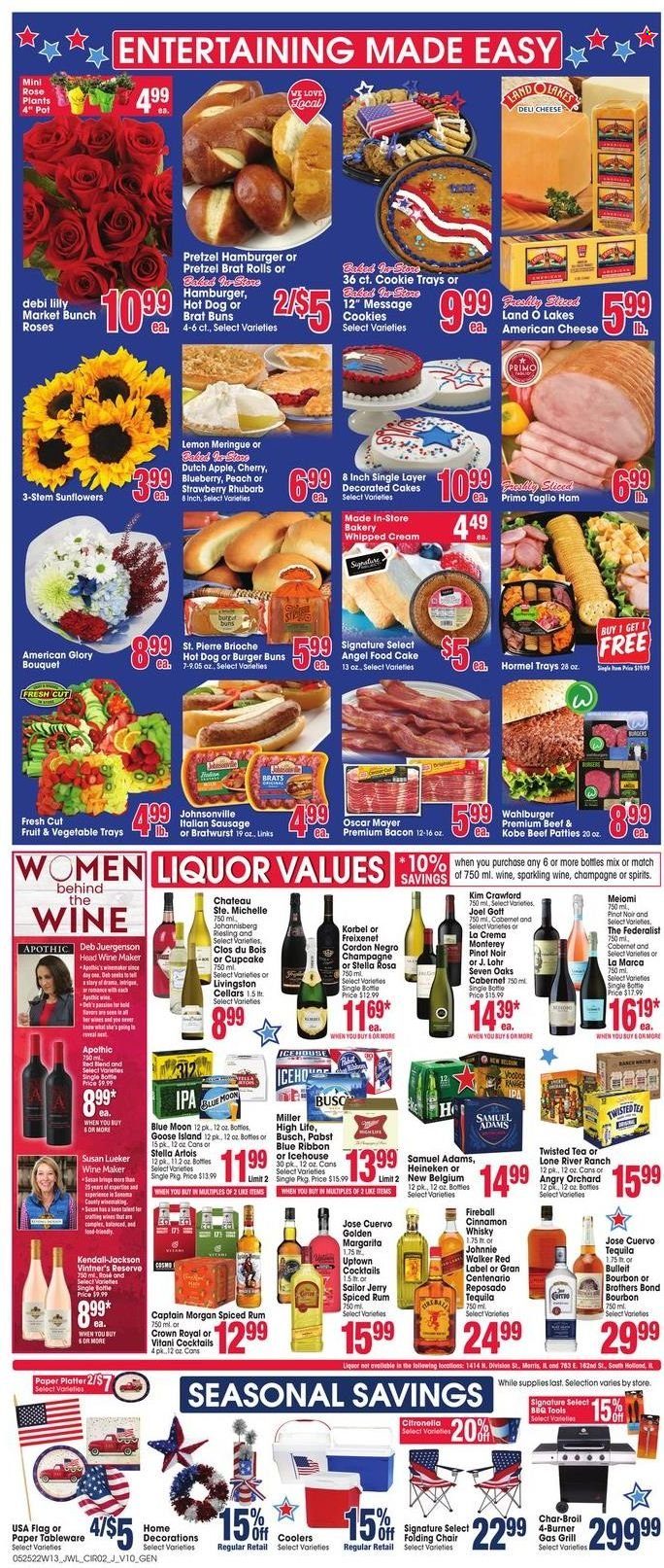 thumbnail - Jewel Osco Flyer - 05/25/2022 - 05/31/2022 - Sales products - pretzels, cake, Blue Ribbon, buns, burger buns, brioche, Angel Food, rhubarb, Hormel, bacon, ham, Johnsonville, Oscar Mayer, bratwurst, sausage, italian sausage, american cheese, cheese, whipped cream, cookies, tea, Cabernet Sauvignon, red wine, Riesling, sparkling wine, white wine, wine, Pinot Noir, Cupcake Vineyards, rosé wine, bourbon, Captain Morgan, rum, spiced rum, tequila, Johnnie Walker, BROTHERS, cinnamon whisky, whisky, beer, Busch, Miller, IPA, tableware, pot, bouquet, Stella Artois, Blue Moon, Twisted Tea. Page 2.
