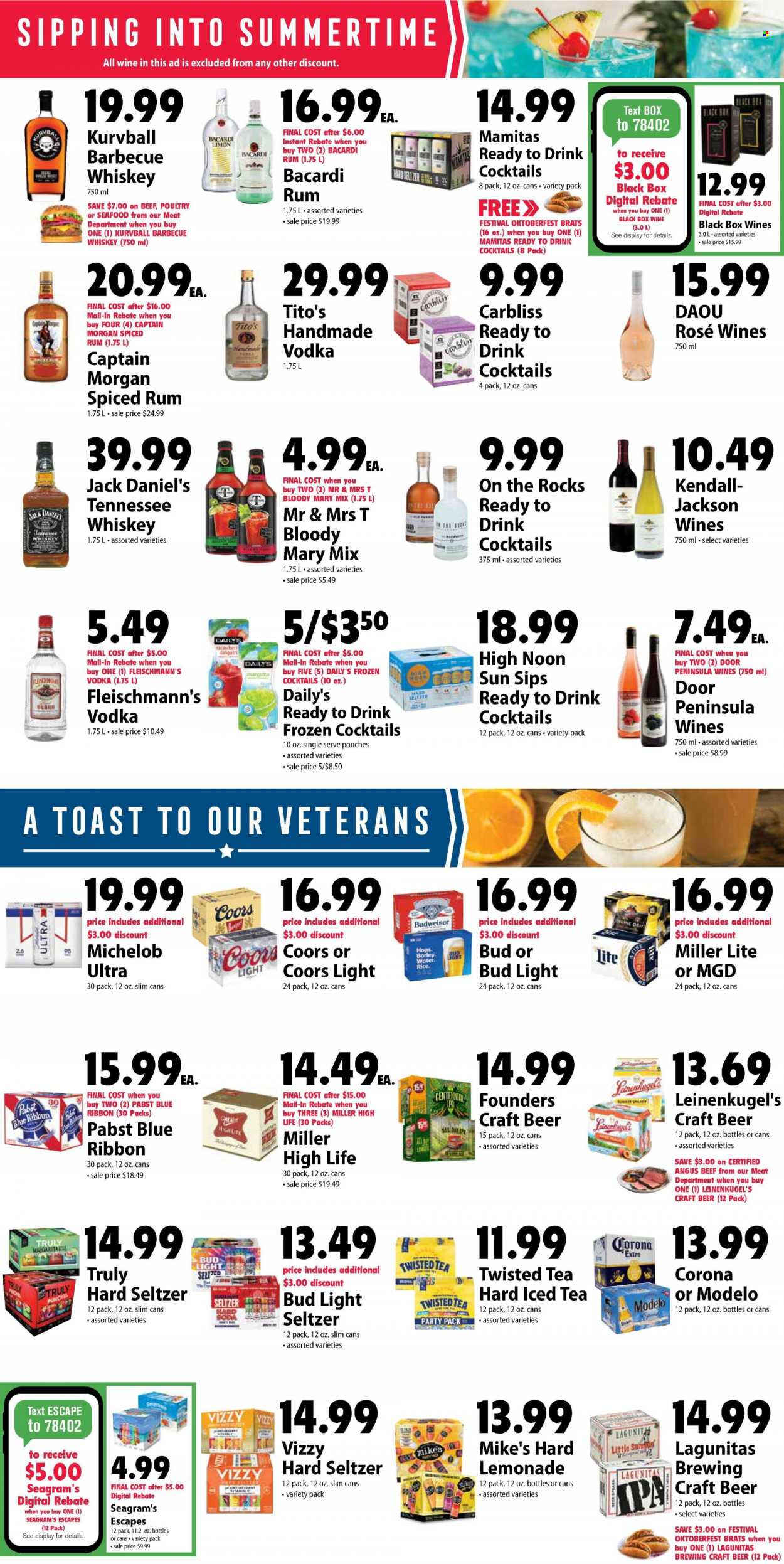 thumbnail - Festival Foods Flyer - 05/25/2022 - 05/31/2022 - Sales products - seafood, Jack Daniel's, rice, lemonade, ice tea, wine, rosé wine, Bacardi, Captain Morgan, rum, spiced rum, Tennessee Whiskey, vodka, whiskey, Hard Seltzer, TRULY, whisky, beer, Bud Light, Corona Extra, IPA, Modelo, Pabst Blue Ribbon, beef meat, vitamin c, Budweiser, Leinenkugel's, Miller Lite, Coors, Twisted Tea, Michelob. Page 4.