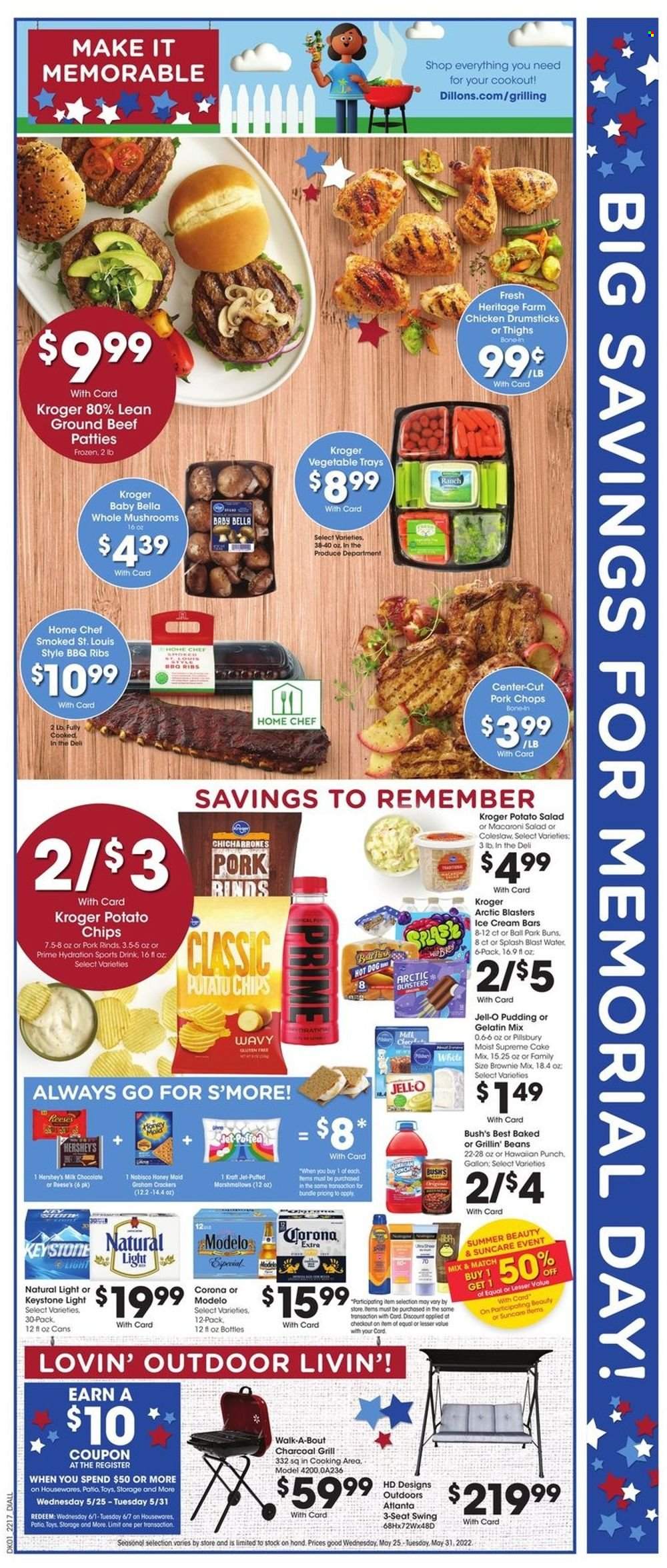 thumbnail - Dillons Flyer - 05/25/2022 - 05/31/2022 - Sales products - mushrooms, buns, brownie mix, cake mix, beans, coleslaw, hot dog, Pillsbury, potato salad, macaroni salad, pudding, ice cream, ice cream bars, Reese's, Hershey's, marshmallows, milk chocolate, potato chips, Jell-O, honey, beer, Corona Extra, Keystone, Modelo, chicken drumsticks, beef meat, ground beef, pork chops, pork meat, Jet, toys, swing set. Page 2.