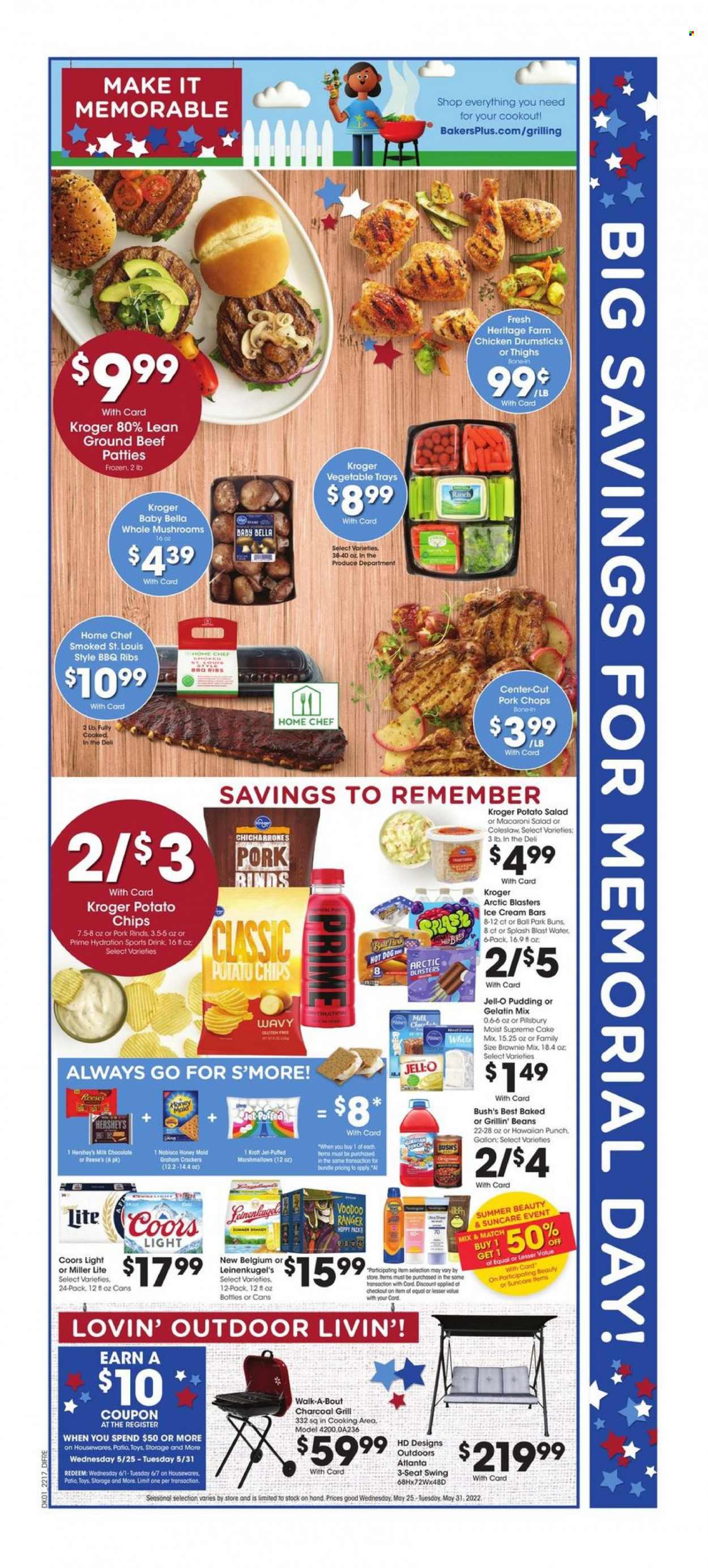 thumbnail - Baker's Flyer - 05/25/2022 - 05/31/2022 - Sales products - mushrooms, buns, brownie mix, cake mix, beans, coleslaw, hot dog, Pillsbury, Kraft®, potato salad, macaroni salad, pudding, ice cream, ice cream bars, Reese's, Hershey's, graham crackers, milk chocolate, crackers, potato chips, Jell-O, Honey Maid, beer, chicken drumsticks, beef meat, ground beef, pork chops, pork meat, Jet, toys, swing set, grill, Leinenkugel's, Miller Lite, Coors. Page 2.