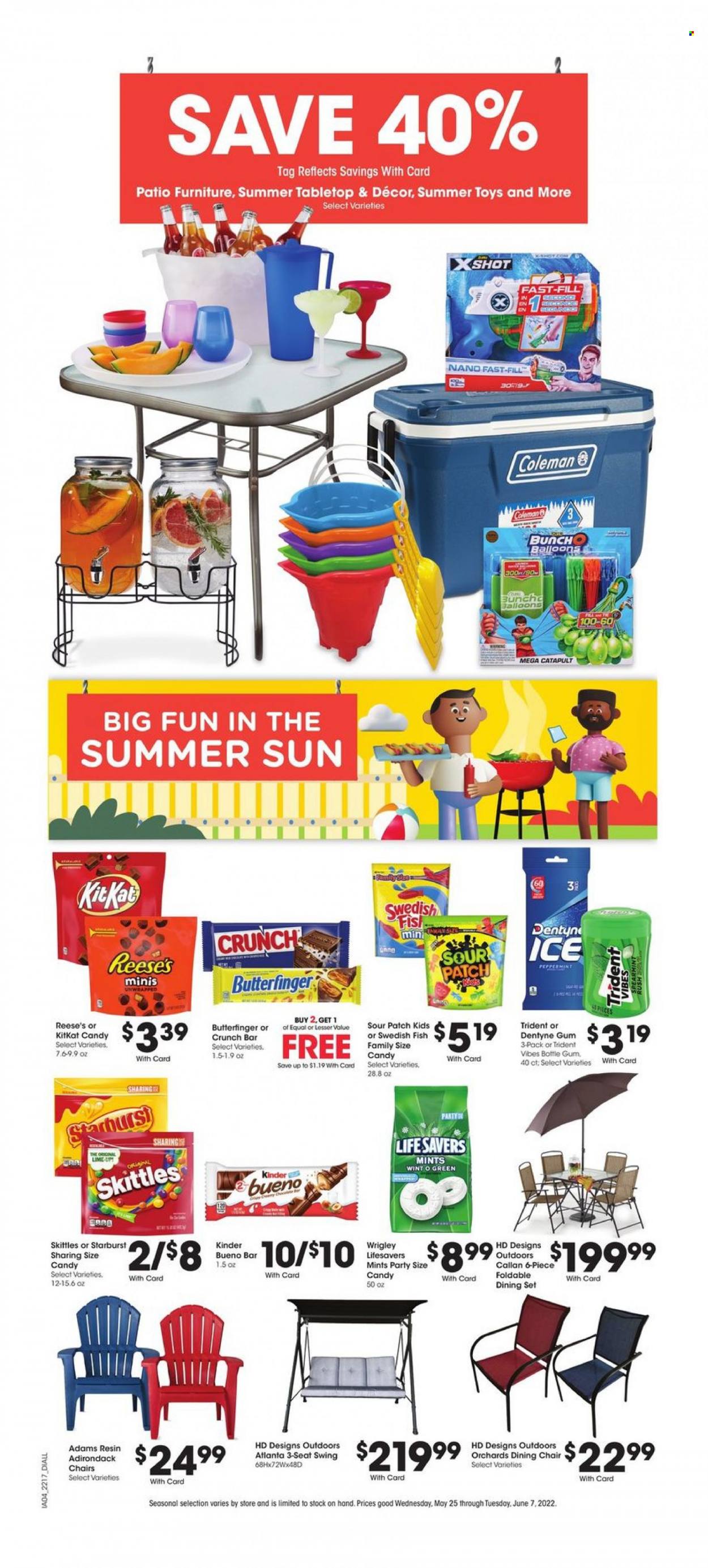thumbnail - Baker's Flyer - 05/25/2022 - 05/31/2022 - Sales products - Reese's, chocolate, KitKat, Kinder Bueno, Skittles, Trident, Starburst, sour patch, Brother, balloons, chair pad, dining set, chair, dining chair, swing set. Page 11.