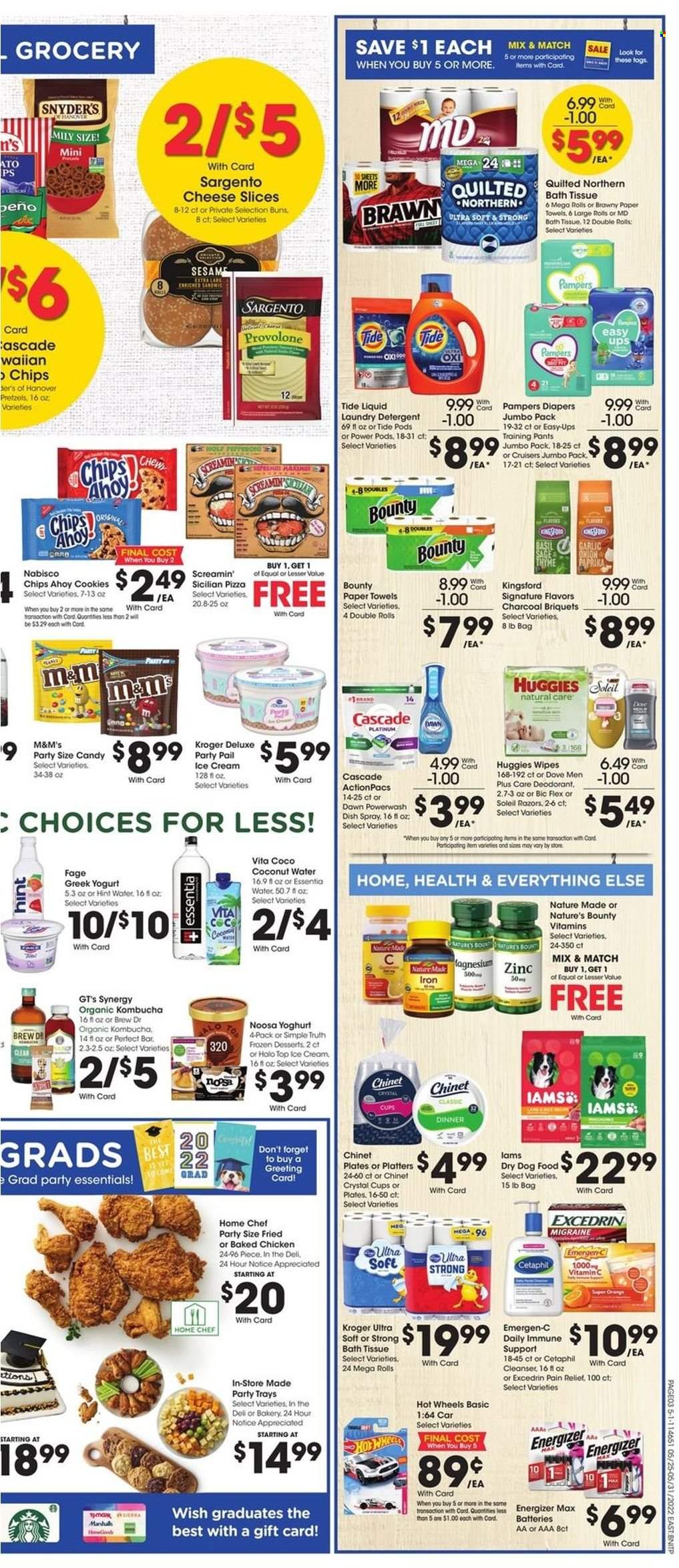 thumbnail - Fred Meyer Flyer - 05/25/2022 - 05/31/2022 - Sales products - pretzels, buns, garlic, oranges, pizza, sliced cheese, Provolone, Sargento, greek yoghurt, yoghurt, ice cream, Screamin' Sicilian, cookies, M&M's, esponja, coconut water, kombucha, wipes, Huggies, Pampers, pants, nappies, baby pants, Hot Wheels, Dove, bath tissue, Quilted Northern, kitchen towels, paper towels, detergent, Cascade, Tide, laundry detergent, cleanser, anti-perspirant, deodorant, BIC, plate, cup, battery, Energizer, animal food, dry dog food, dog food, Iams, Marshall, iron, pain relief, Excedrin, magnesium, Nature Made, Nature's Bounty, vitamin c, zinc, Emergen-C. Page 6.