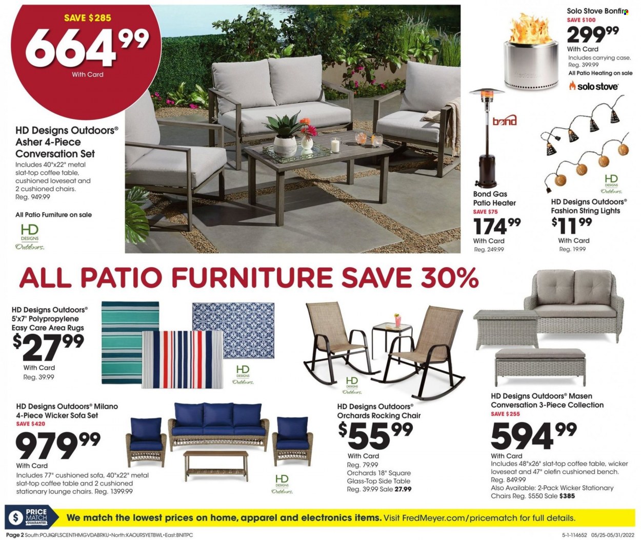 thumbnail - Fred Meyer Flyer - 05/25/2022 - 05/31/2022 - Sales products - table, chair, bench, loveseat, rocking chair, sofa, lounge, coffee table, sidetable, string lights, rug, area rug. Page 2.