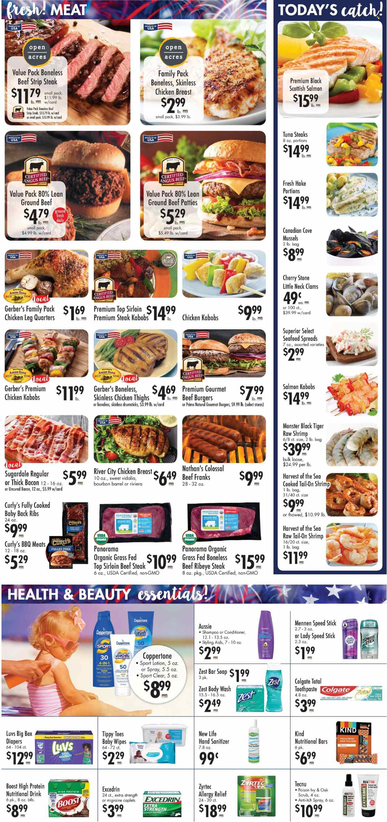 thumbnail - Buehler's Flyer - 05/25/2022 - 05/31/2022 - Sales products - cherries, clams, mussels, salmon, tuna, seafood, hake, shrimps, hamburger, beef burger, pulled pork, Sugardale, bacon, chocolate, dark chocolate, peanut butter, Monster, Boost, chicken breasts, chicken legs, chicken thighs, beef meat, beef steak, ground beef, steak, ribeye steak, striploin steak, pork meat, pork ribs, pork back ribs, wipes, baby wipes, nappies, body wash, shampoo, soap bar, soap, Colgate, toothpaste, Aussie, conditioner, body lotion, Speed Stick, Excedrin, Zyrtec, zinc, allergy relief. Page 2.