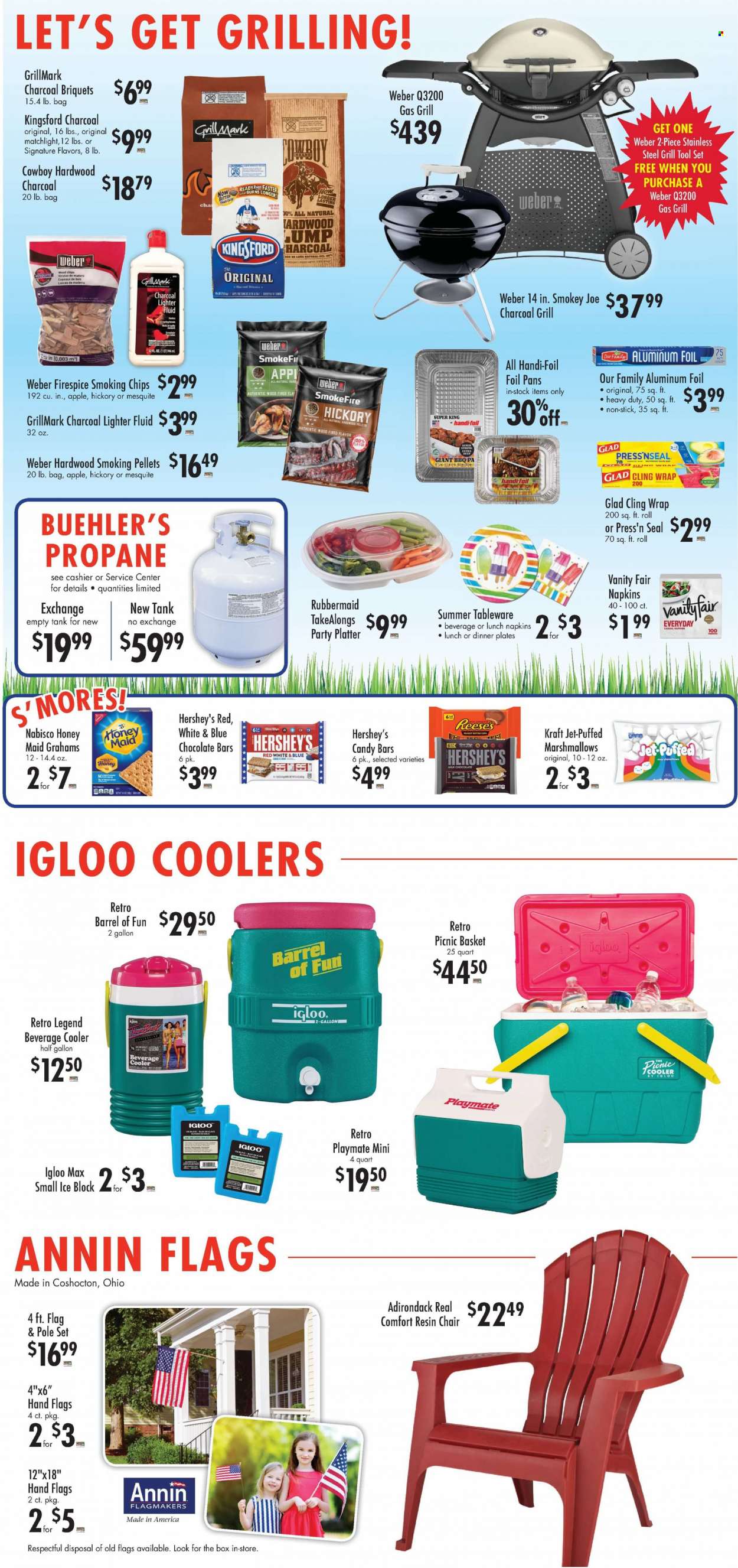 thumbnail - Buehler's Flyer - 05/25/2022 - 05/31/2022 - Sales products - Kraft®, Reese's, Hershey's, marshmallows, milk chocolate, peanut butter cups, chocolate bar, chips, Honey Maid, Intenso, napkins, Jet, tableware, plate, dinner plate, aluminium foil, tank, gas grill, grill, Weber, briquettes, Kingsford, picnic basket. Page 4.