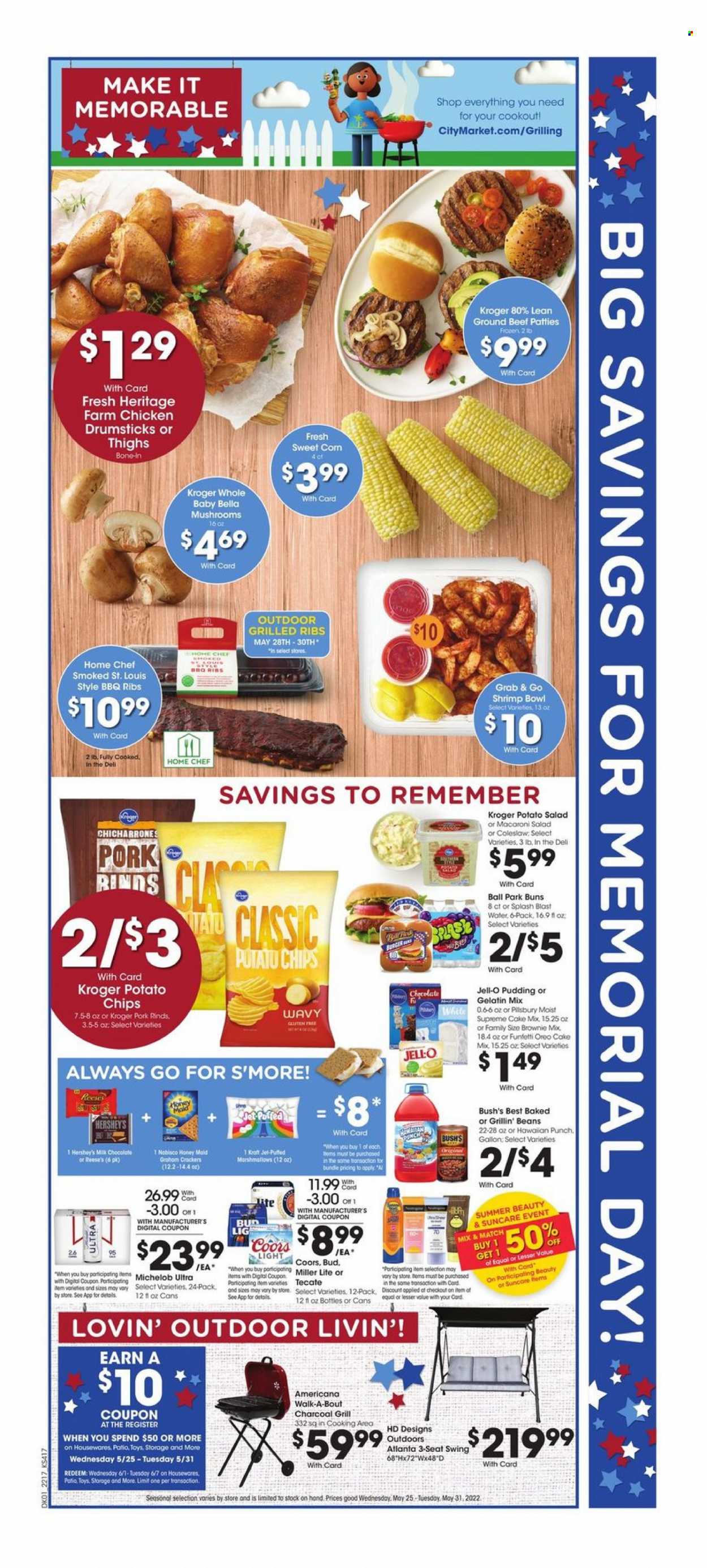thumbnail - City Market Flyer - 05/25/2022 - 05/31/2022 - Sales products - mushrooms, buns, brownie mix, cake mix, beans, shrimps, coleslaw, hamburger, Kraft®, potato salad, macaroni salad, pudding, Oreo, Reese's, Hershey's, graham crackers, marshmallows, milk chocolate, chocolate, crackers, potato chips, Jell-O, Honey Maid, beer, chicken drumsticks, beef meat, ground beef, Jet, toys, swing set, Miller Lite, Coors, Michelob. Page 2.