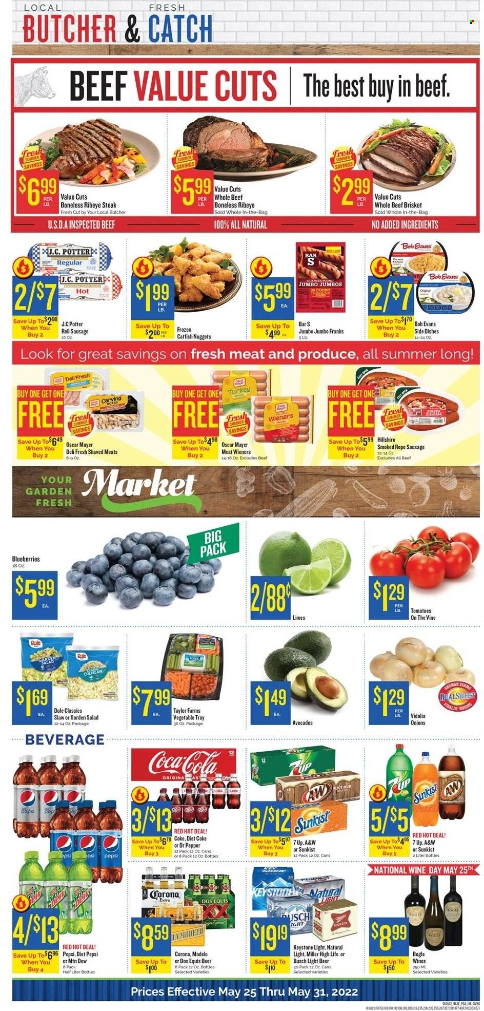thumbnail - Homeland Flyer - 05/25/2022 - 05/31/2022 - Sales products - onion, Dole, avocado, limes, catfish, catfish nuggets, coleslaw, Bob Evans, Oscar Mayer, sausage, Coca-Cola, Mountain Dew, Pepsi, Dr. Pepper, Diet Pepsi, Diet Coke, 7UP, A&W, wine, beer, Busch, Corona Extra, Miller, Keystone, Modelo, beef meat, beef steak, steak, ribeye steak, beef brisket, sausage meat, bag, Dos Equis. Page 4.