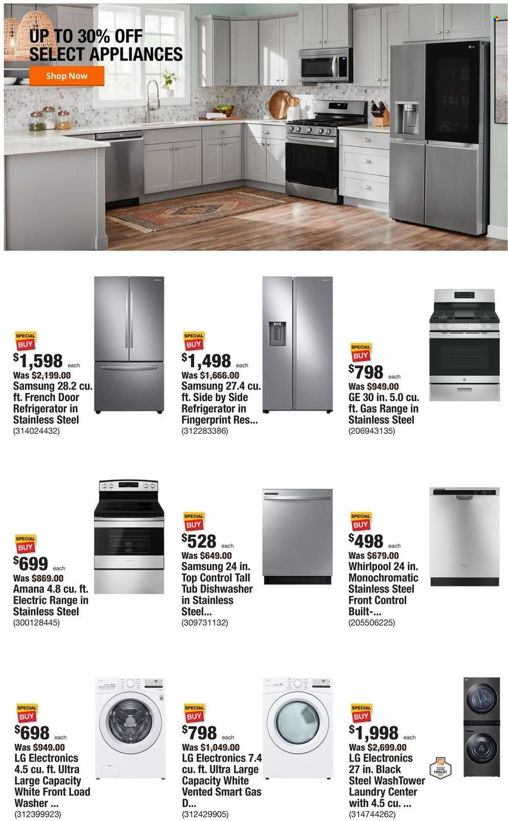thumbnail - The Home Depot Flyer - 05/23/2022 - 05/30/2022 - Sales products - LG, Samsung, Amana, Whirlpool, french door refrigerator, refrigerator, electric range, dishwasher, washing machine. Page 4.