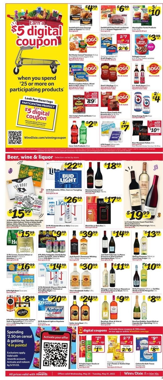 thumbnail - Winn Dixie Flyer - 05/25/2022 - 05/31/2022 - Sales products - brownie mix, beans, tomatoes, Jack Daniel's, sauce, Kraft®, sausage, pepperoni, lunch meat, sandwich slices, Kraft Singles, Kellogg's, Santa, Pringles, Lay’s, cereals, steak sauce, ketchup, cashews, mixed nuts, Planters, Coca-Cola, lemonade, juice, energy drink, Cabernet Sauvignon, white wine, prosecco, Pinot Noir, Moscato, Pinot Grigio, Sauvignon Blanc, rum, Smirnoff, Tennessee Whiskey, vodka, whiskey, liquor, White Claw, Hard Seltzer, TRULY, whisky, beer, Bud Light, Corona Extra, Heineken, Miller, Sol, Keystone, steak, bath tissue, Cottonelle, paper, Stella Artois, Coors, Blue Moon, Yuengling, Michelob. Page 3.