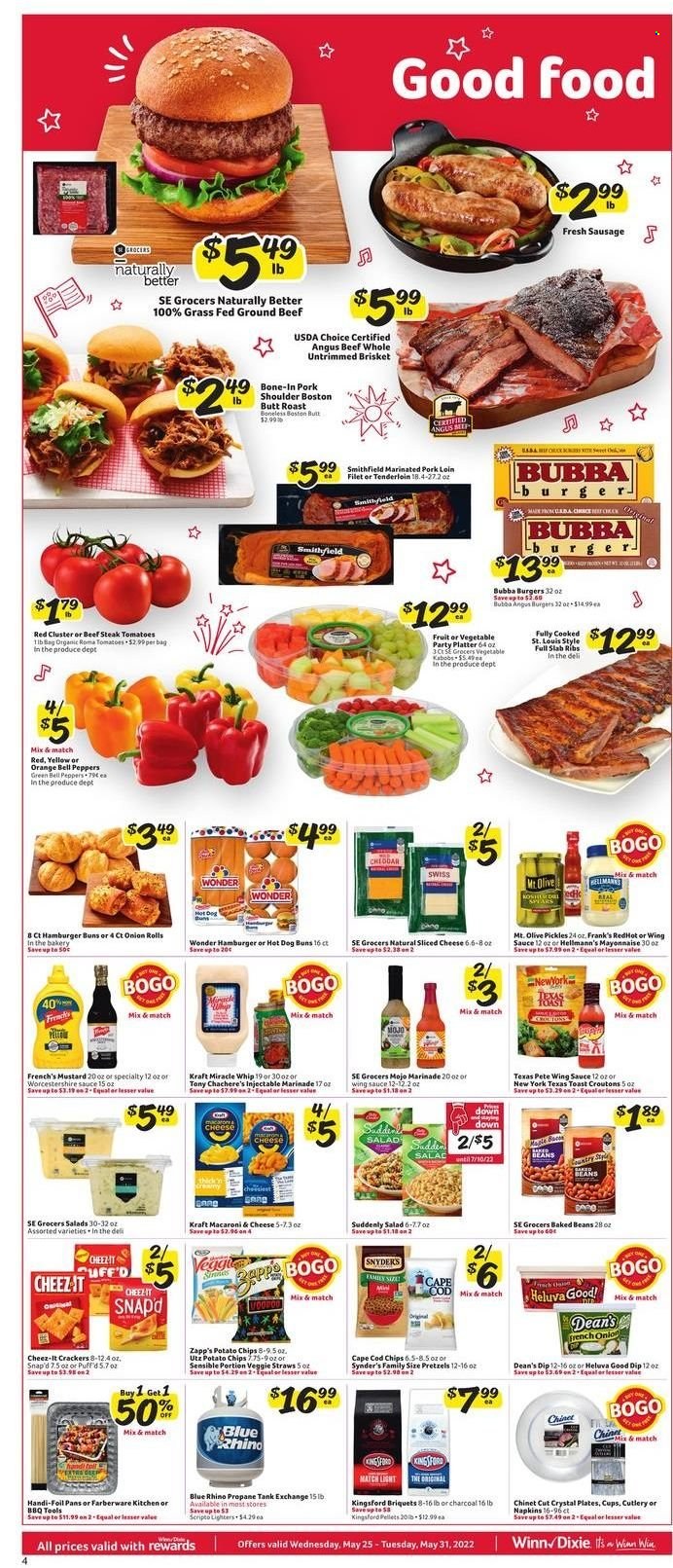 thumbnail - Winn Dixie Flyer - 05/25/2022 - 05/31/2022 - Sales products - pretzels, buns, burger buns, beans, onion, salad, peppers, oranges, cod, macaroni & cheese, sauce, Kraft®, sausage, sliced cheese, mayonnaise, Miracle Whip, dip, Hellmann’s, crackers, potato chips, chips, Veggie Straws, Cheez-It, croutons, pickles, baked beans, mustard, worcestershire sauce, marinade, wing sauce, beef meat, beef steak, ground beef, steak, beef brisket, pork loin, pork meat, marinated pork, napkins, plate, cup, tank. Page 4.
