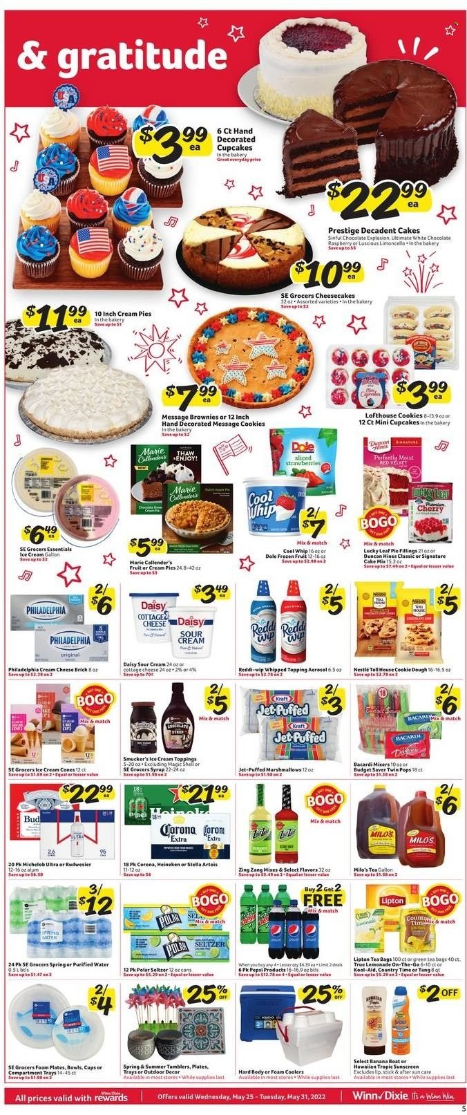 thumbnail - Winn Dixie Flyer - 05/25/2022 - 05/31/2022 - Sales products - pie, cupcake, brownies, cream pie, cake mix, Dole, strawberries, cherries, Marie Callender's, Kraft®, cottage cheese, cream cheese, Philadelphia, cheese, Cool Whip, sour cream, ice cream, cookie dough, cookies, marshmallows, Nestlé, topping, syrup, lemonade, Pepsi, Lipton, Country Time, seltzer water, spring water, purified water, green tea, tea bags, Bacardi, Limoncello, beer, Corona Extra, Heineken, Jet, lipstick, gallon, tumbler, plate, cup, foam plates, Stella Artois, Michelob. Page 5.
