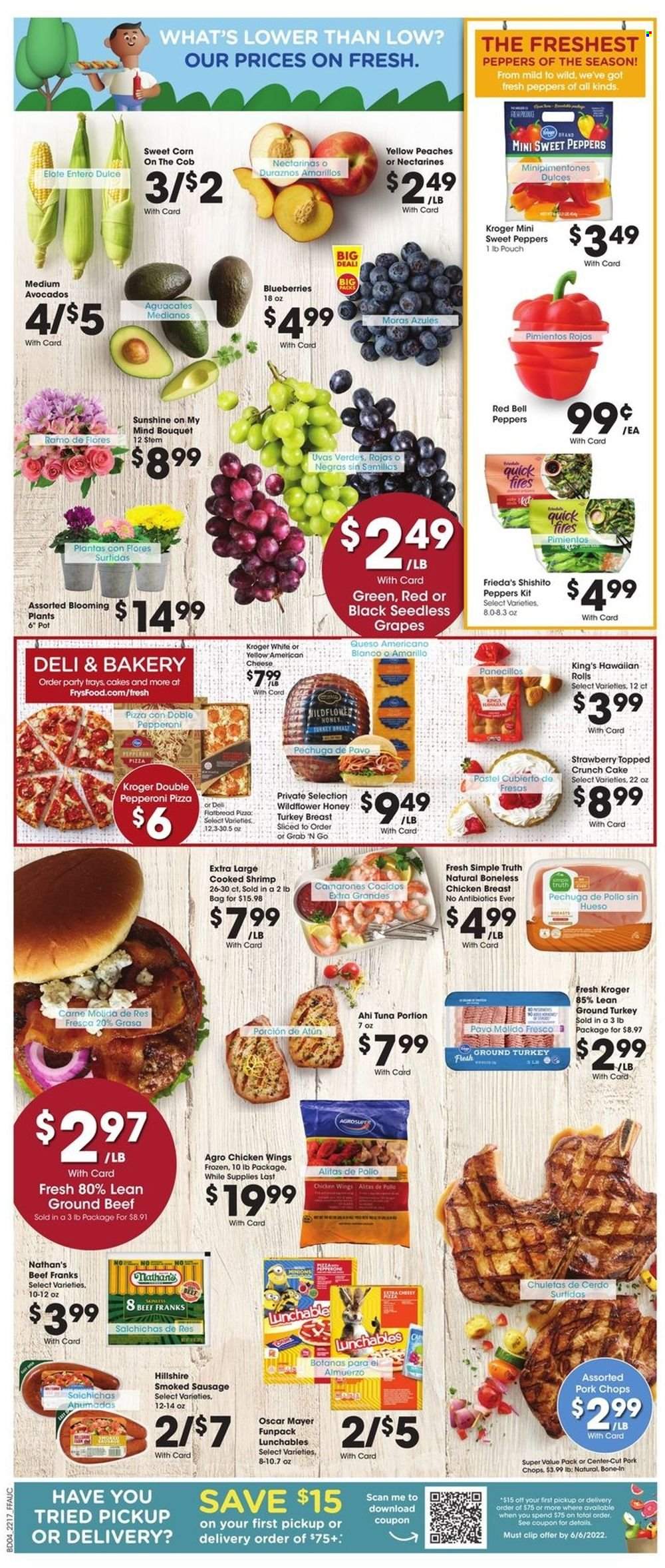 thumbnail - Fry’s Flyer - 05/25/2022 - 05/31/2022 - Sales products - Dell, cake, flatbread, hawaiian rolls, bell peppers, corn, sweet peppers, peppers, sweet corn, avocado, blueberries, grapes, seedless grapes, tuna, shrimps, pizza, Lunchables, Oscar Mayer, sausage, smoked sausage, pepperoni, american cheese, Sunshine, chicken wings, honey, ground turkey, turkey breast, chicken breasts, beef meat, ground beef, pork chops, pork meat, Minions, pot, nectarines, peaches. Page 8.