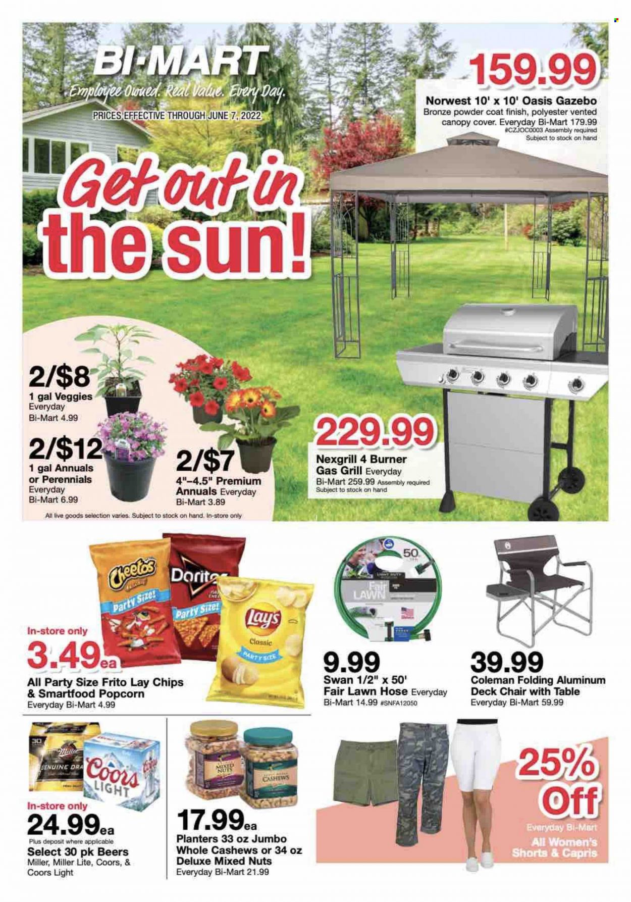 thumbnail - Bi-Mart Flyer - 05/24/2022 - 06/07/2022 - Sales products - table, chair, Cheetos, chips, Lay’s, Smartfood, popcorn, cashews, mixed nuts, Planters, beer, gazebo, gas grill, grill, Miller Lite, Coors. Page 1.