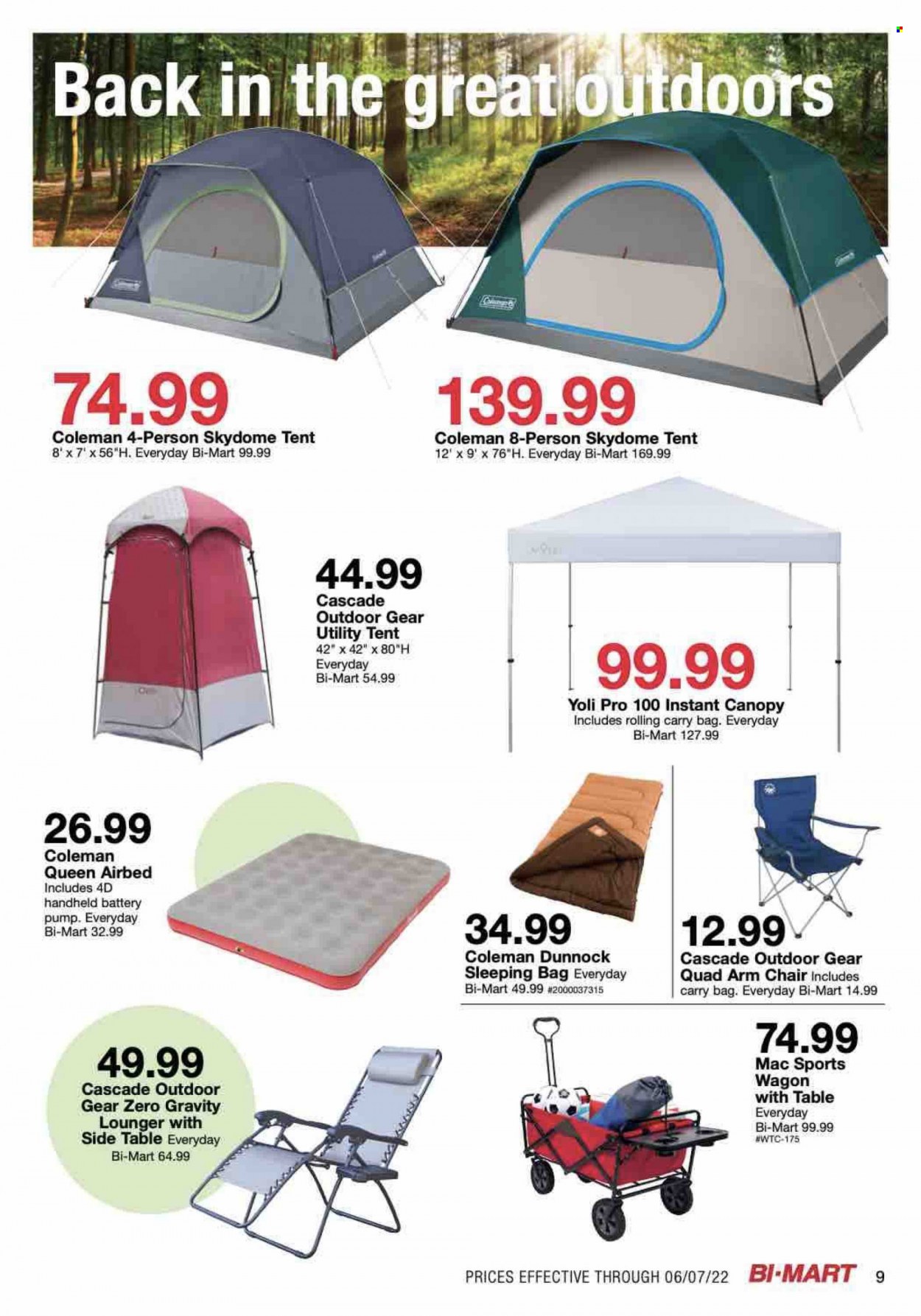 thumbnail - Bi-Mart Flyer - 05/24/2022 - 06/07/2022 - Sales products - table, chair, arm chair, sidetable, airbed, Cascade, wagon, instant canopy, pump. Page 9.