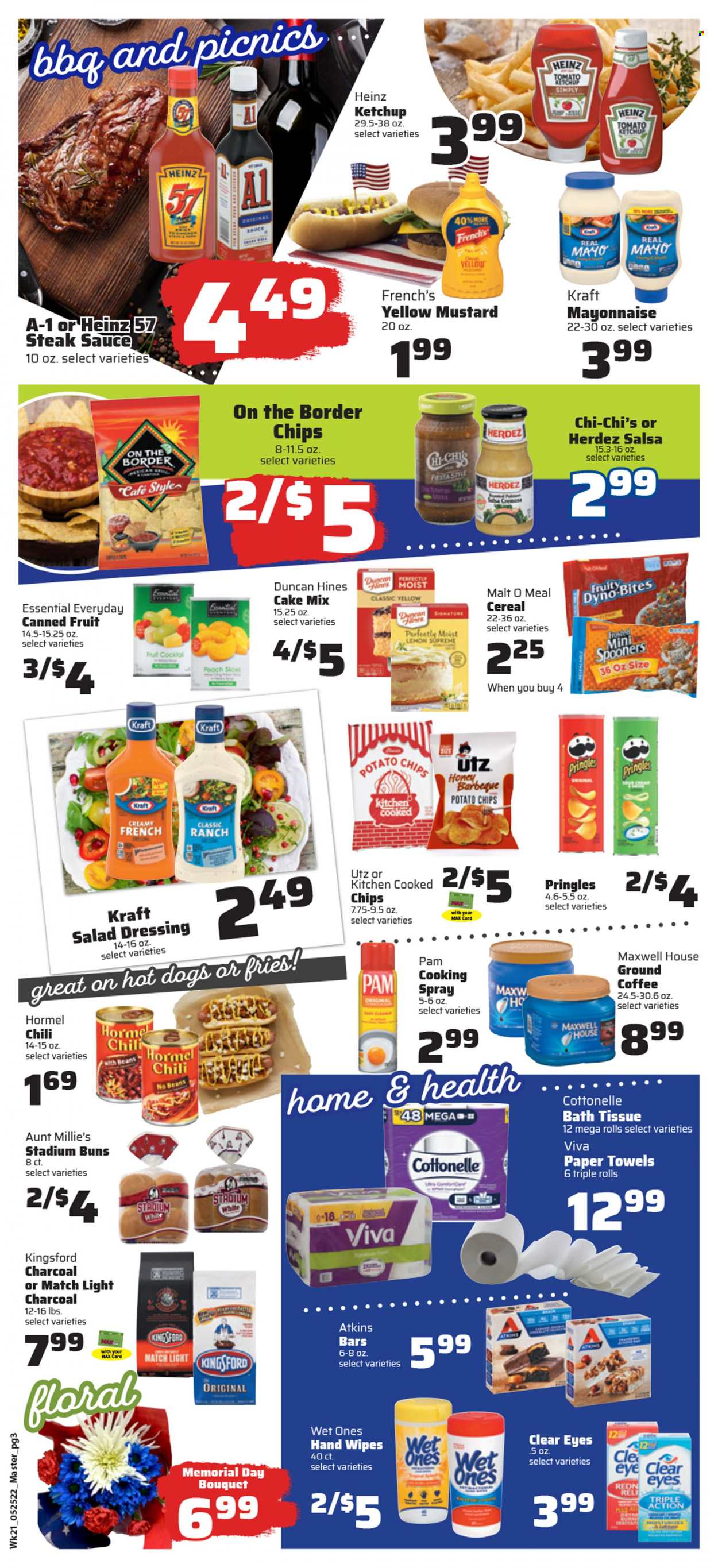 thumbnail - County Market Flyer - 05/25/2022 - 05/31/2022 - Sales products - buns, cake mix, hot dog, sauce, Kraft®, Hormel, mayonnaise, potato fries, potato chips, Pringles, chips, malt, Heinz, canned fruit, cereals, mustard, salad dressing, steak sauce, ketchup, dressing, salsa, honey, Maxwell House, coffee, ground coffee. Page 3.