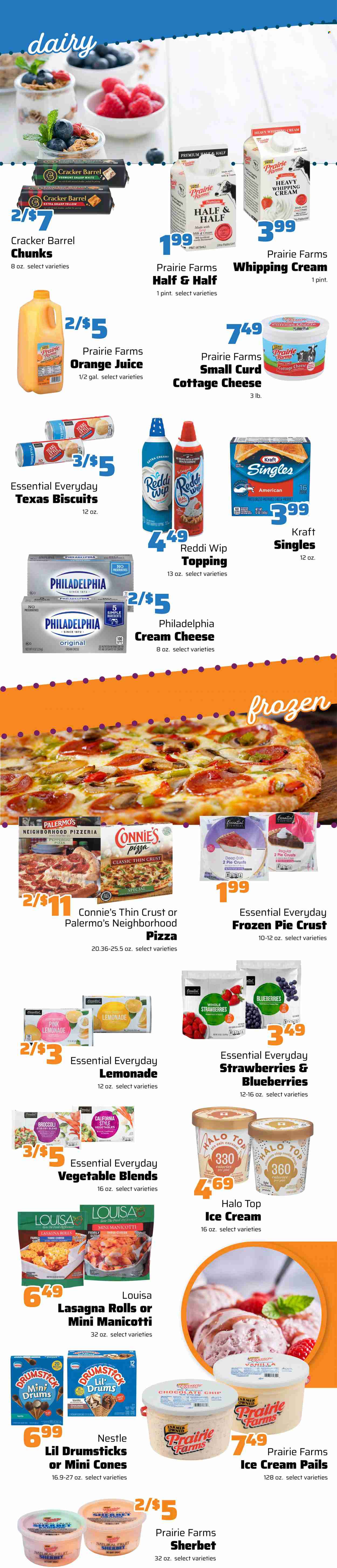 thumbnail - County Market Flyer - 05/25/2022 - 05/31/2022 - Sales products - red peppers, pizza, lasagna meal, Kraft®, pepperoni, cottage cheese, cream cheese, Neufchâtel, ricotta, sandwich slices, Philadelphia, cheddar, parmesan, Kraft Singles, milk, whipping cream, sherbet, Nestlé, snack, crackers, biscuit, pie crust, salt, topping, water chestnuts, caramel, lemonade, orange juice, juice, Half and half, lemons. Page 1.