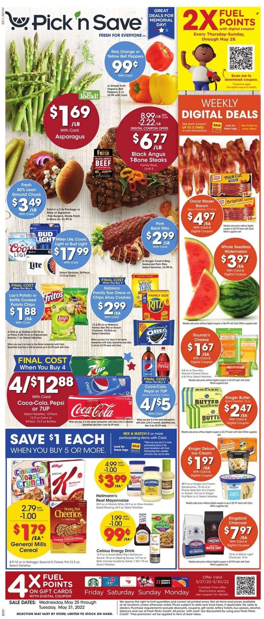 thumbnail - Pick ‘n Save Flyer - 05/25/2022 - 05/31/2022 - Sales products - asparagus, watermelon, oranges, hamburger, bacon, Oscar Mayer, sliced cheese, Oreo, butter, mayonnaise, Miracle Whip, Hellmann’s, ice cream, ice cream sandwich, cookies, crackers, Kellogg's, RITZ, Doritos, Fritos, potato chips, chips, Lay’s, Thins, popcorn, cereals, Cheerios, cinnamon, BBQ sauce, salad dressing, dressing, Coca-Cola, Pepsi, energy drink, 7UP, beer, Bud Light, beef meat, ground chuck, t-bone steak, steak, pork meat, pork ribs, pork back ribs, charcoal, Kingsford, Miller Lite, Coors. Page 1.