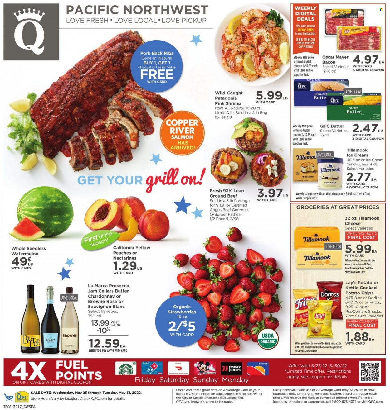 thumbnail - QFC Flyer - 05/25/2022 - 05/31/2022 - Sales products - strawberries, watermelon, salmon, shrimps, hamburger, Oscar Mayer, cheese, butter, salted butter, ice cream, ice cream sandwich, snack, Doritos, Fritos, potato chips, chips, Lay’s, popcorn, white wine, prosecco, Chardonnay, wine, Sauvignon Blanc, rosé wine, beef meat, ground beef, burger patties, pork meat, pork ribs, pork back ribs, grill, nectarines, peaches. Page 1.