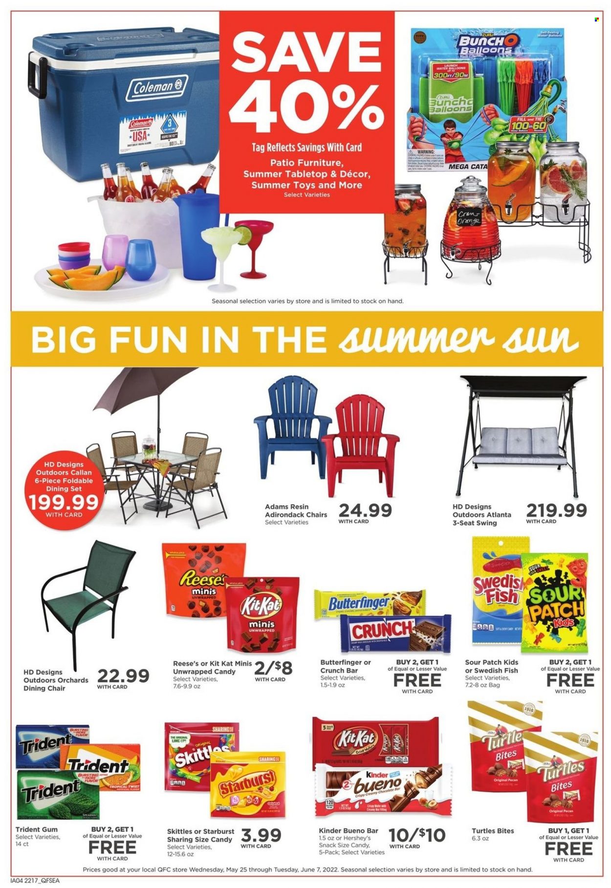 thumbnail - QFC Flyer - 05/25/2022 - 05/31/2022 - Sales products - oranges, Reese's, Hershey's, snack, KitKat, Kinder Bueno, Skittles, Trident, Starburst, Sour Patch, chocolate bar, balloons, swing set. Page 6.