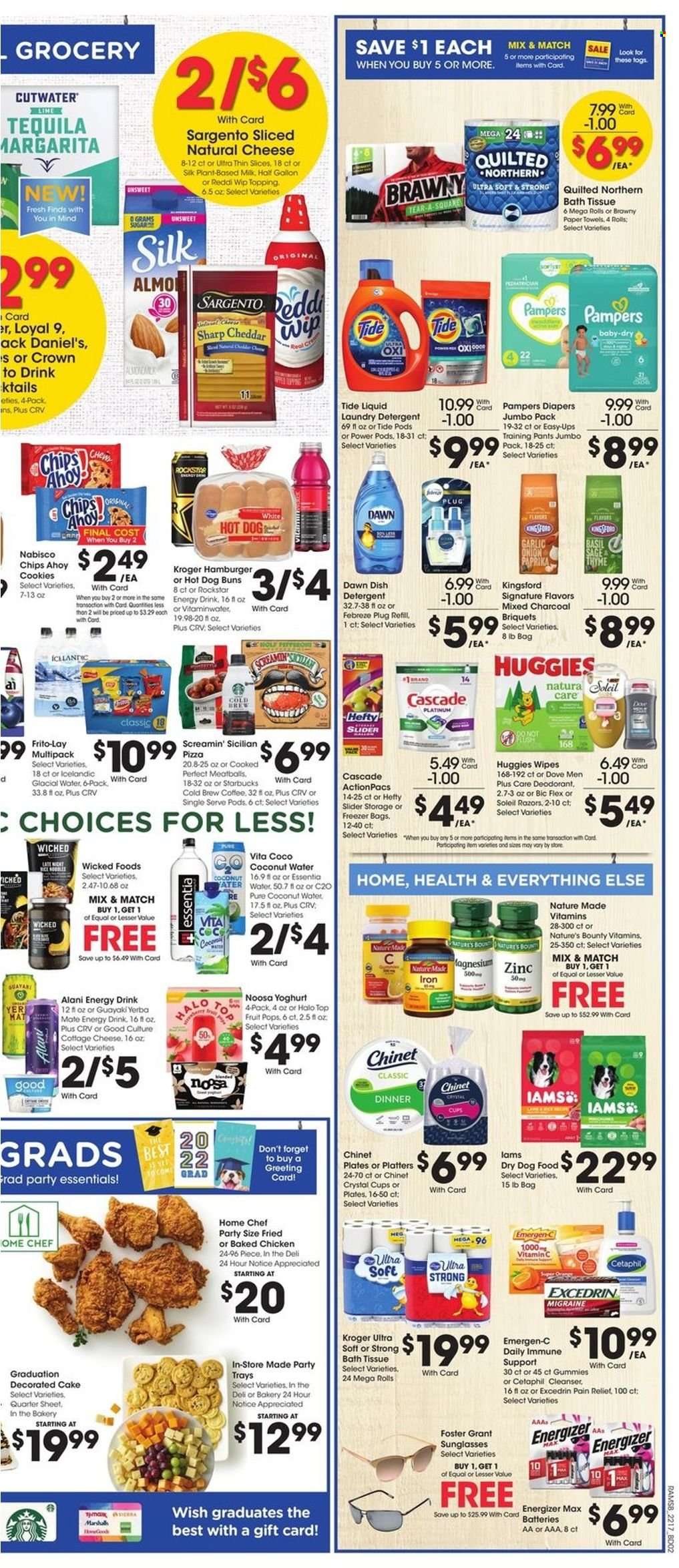 thumbnail - Ralphs Flyer - 05/25/2022 - 05/31/2022 - Sales products - cake, buns, garlic, pizza, meatballs, cottage cheese, Sargento, yoghurt, milk, Silk, Screamin' Sicilian, cookies, chips, sugar, topping, esponja, energy drink, coconut water, Rockstar, coffee, Starbucks, tequila, wipes, Huggies, Pampers, pants, nappies, baby pants, bath tissue, Quilted Northern, kitchen towels, paper towels, detergent, Febreze, Cascade, Tide, laundry detergent, Dove, cleanser, anti-perspirant, deodorant, BIC, Hefty, freezer bag, battery, Energizer, animal food, dry dog food, dog food, Iams, sunglasses, briquettes, Kingsford, Excedrin, magnesium, Nature Made, Nature's Bounty, vitamin c, zinc, Emergen-C. Page 6.