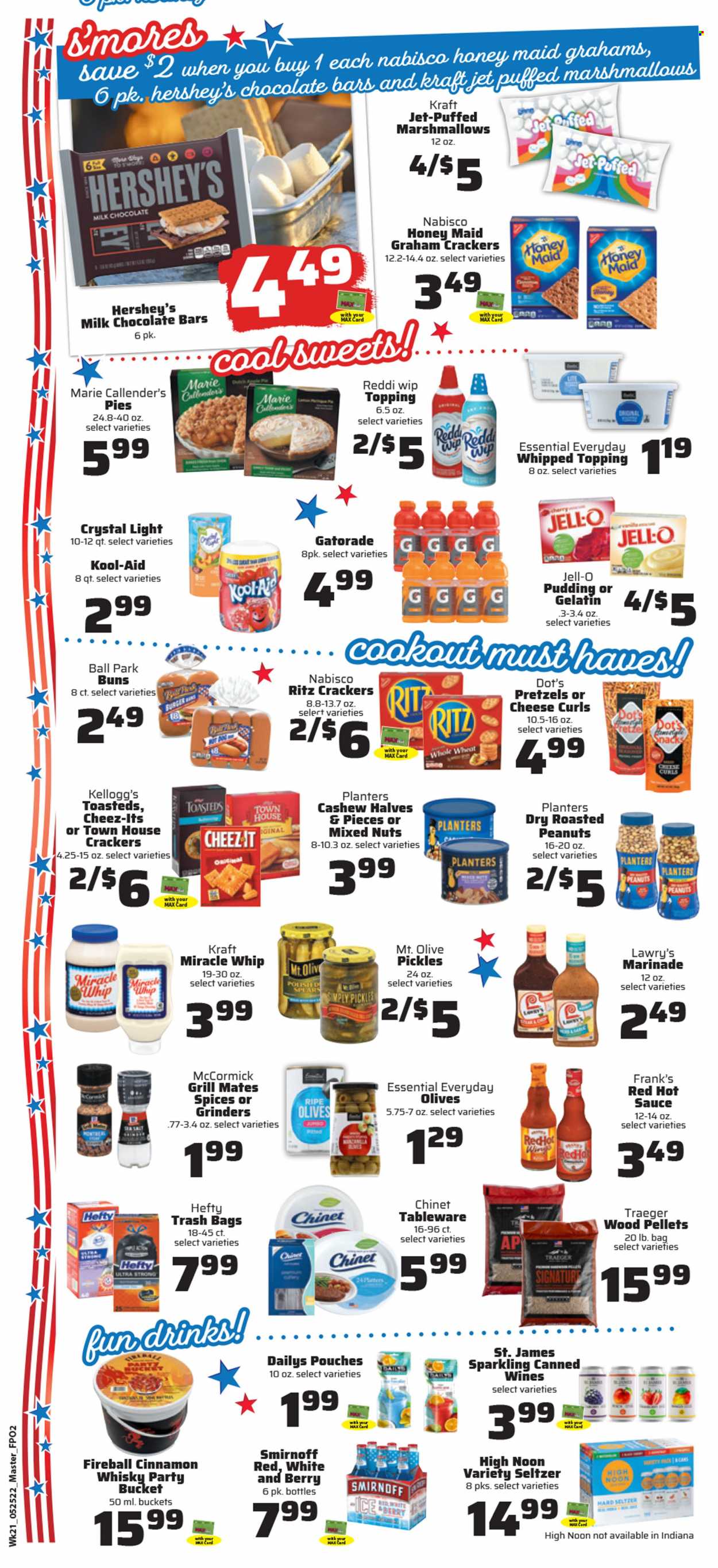 thumbnail - County Market Flyer - 05/25/2022 - 05/31/2022 - Sales products - pretzels, buns, sauce, Marie Callender's, Kraft®, pudding, Miracle Whip, Hershey's, graham crackers, marshmallows, milk chocolate, crackers, Kellogg's, RITZ, chocolate bar, topping, Jell-O, pickles, olives, Honey Maid, hot sauce, marinade, roasted peanuts, peanuts, mixed nuts, Planters, Gatorade, Smirnoff, Hard Seltzer, cinnamon whisky, whisky. Page 2.