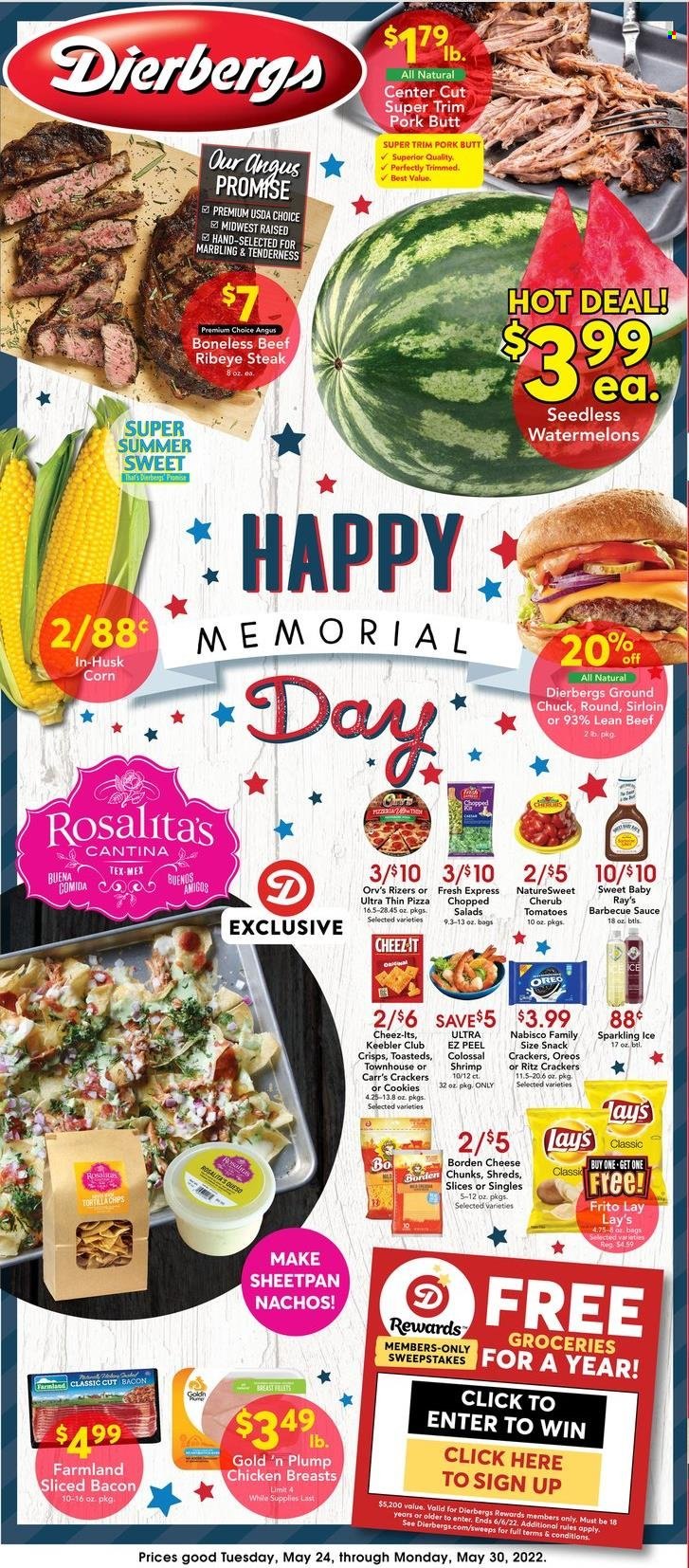 thumbnail - Dierbergs Flyer - 05/24/2022 - 05/30/2022 - Sales products - corn, shrimps, pizza, sauce, bacon, Oreo, cookies, snack, crackers, Keebler, RITZ, Lay’s, BBQ sauce, chicken breasts, beef meat, beef steak, ground chuck, steak, ribeye steak. Page 1.