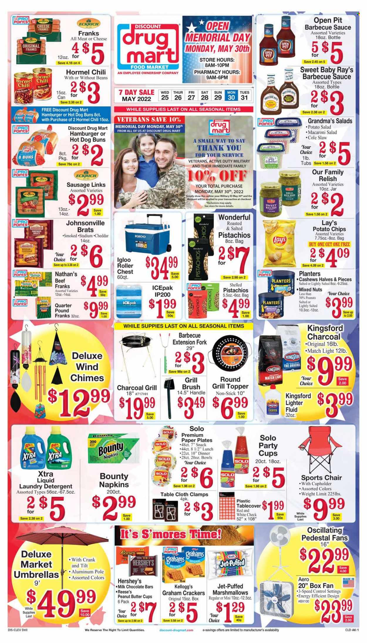 thumbnail - Discount Drug Mart Flyer - 05/25/2022 - 05/31/2022 - Sales products - buns, salad, sauce, Kraft®, Hormel, Johnsonville, sausage, potato salad, macaroni salad, Reese's, Hershey's, graham crackers, marshmallows, milk chocolate, snack, Bounty, crackers, Kellogg's, peanut butter cups, chocolate bar, potato chips, chips, Lay’s, dill, BBQ sauce, cashews, peanuts, pistachios, mixed nuts, Planters, napkins, detergent, laundry detergent, XTRA, Jet, brush, fork, plate, paper, paper plate, party cups, chimes, tablecloth, roller. Page 1.