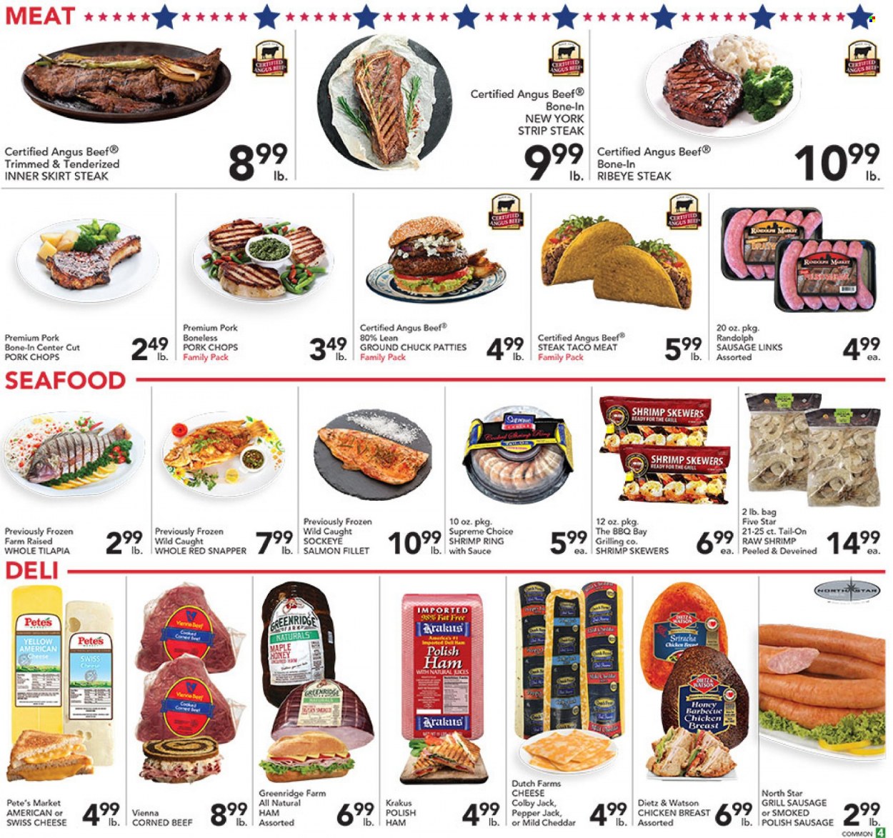 thumbnail - Pete's Fresh Market Flyer - 05/25/2022 - 05/31/2022 - Sales products - red snapper, salmon, salmon fillet, tilapia, seafood, shrimps, ham, Dietz & Watson, sausage, polish sausage, corned beef, american cheese, Colby cheese, mild cheddar, swiss cheese, cheddar, Pepper Jack cheese, cheese, sriracha, honey, beef meat, beef steak, ground chuck, steak, ribeye steak, striploin steak, pork chops, pork meat. Page 5.