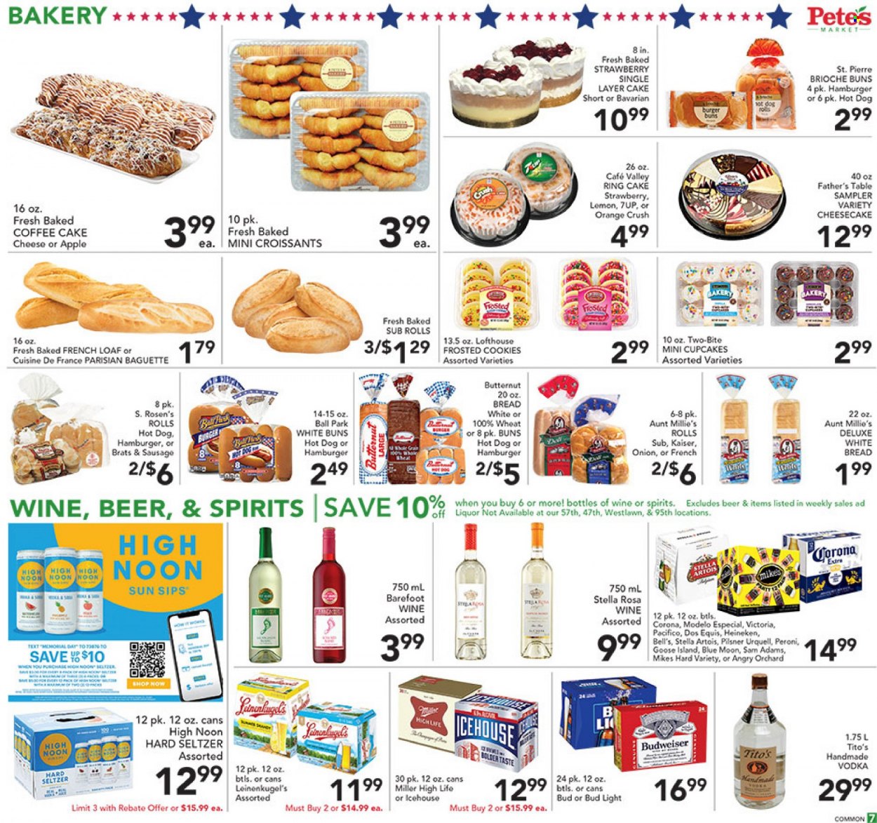 thumbnail - Pete's Fresh Market Flyer - 05/25/2022 - 05/31/2022 - Sales products - baguette, white bread, cake, croissant, buns, Father's Table, sandwich rolls, french loaf, cupcake, cheesecake, coffee cake, butternut squash, onion, lemons, hot dog, hamburger, cheese, cookies, soft drink, 7UP, carbonated soft drink, wine, liqueur, vodka, Hard Seltzer, cider, beer, Budweiser, Stella Artois, Bud Light, Corona Extra, Heineken, Peroni, Miller, Modelo, Bell's, Leinenkugel's, Dos Equis, Blue Moon, Pilsner Urquell. Page 9.